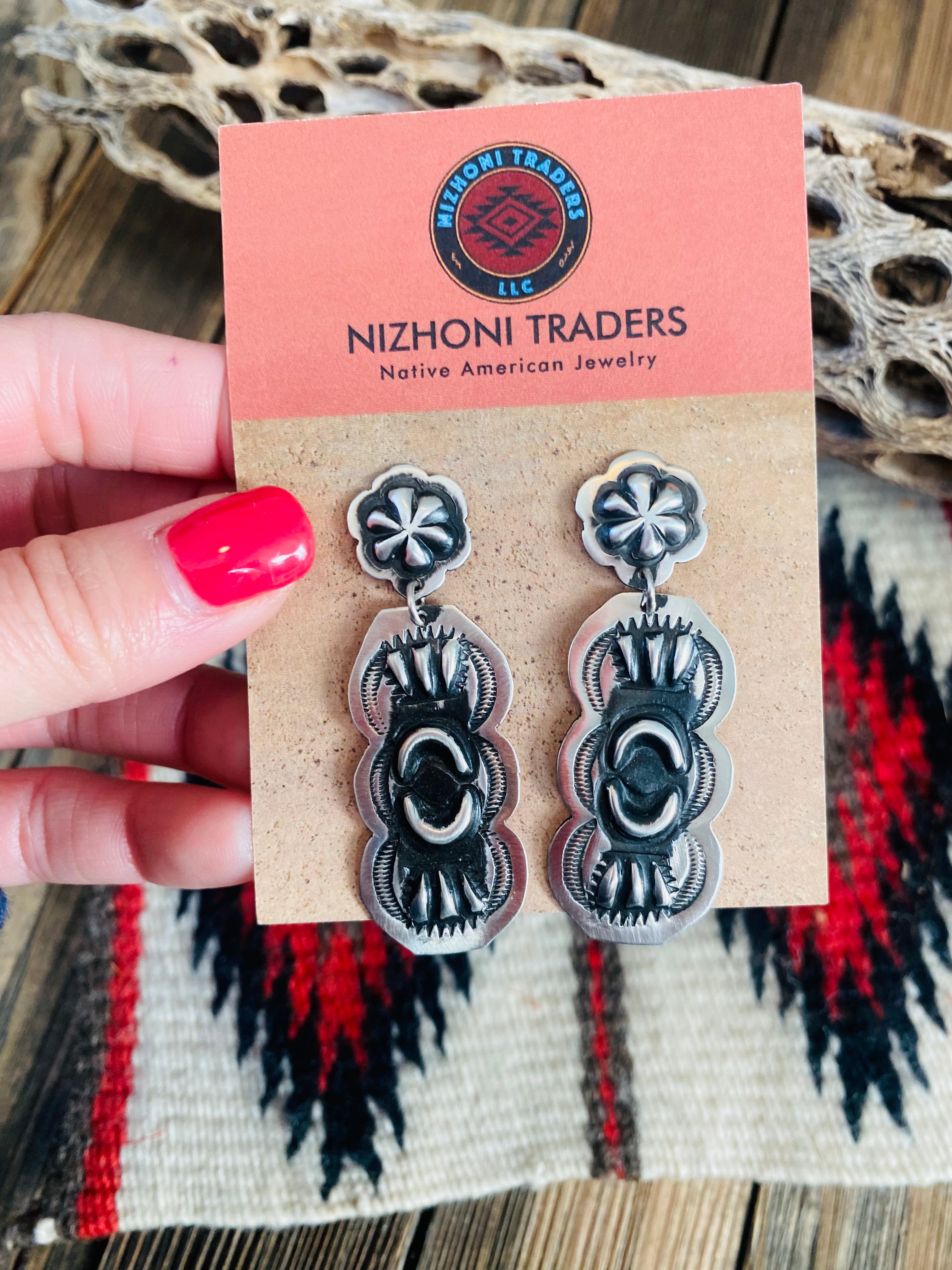 Navajo Sterling Silver Concho Dangle Earrings By Leander Tahe