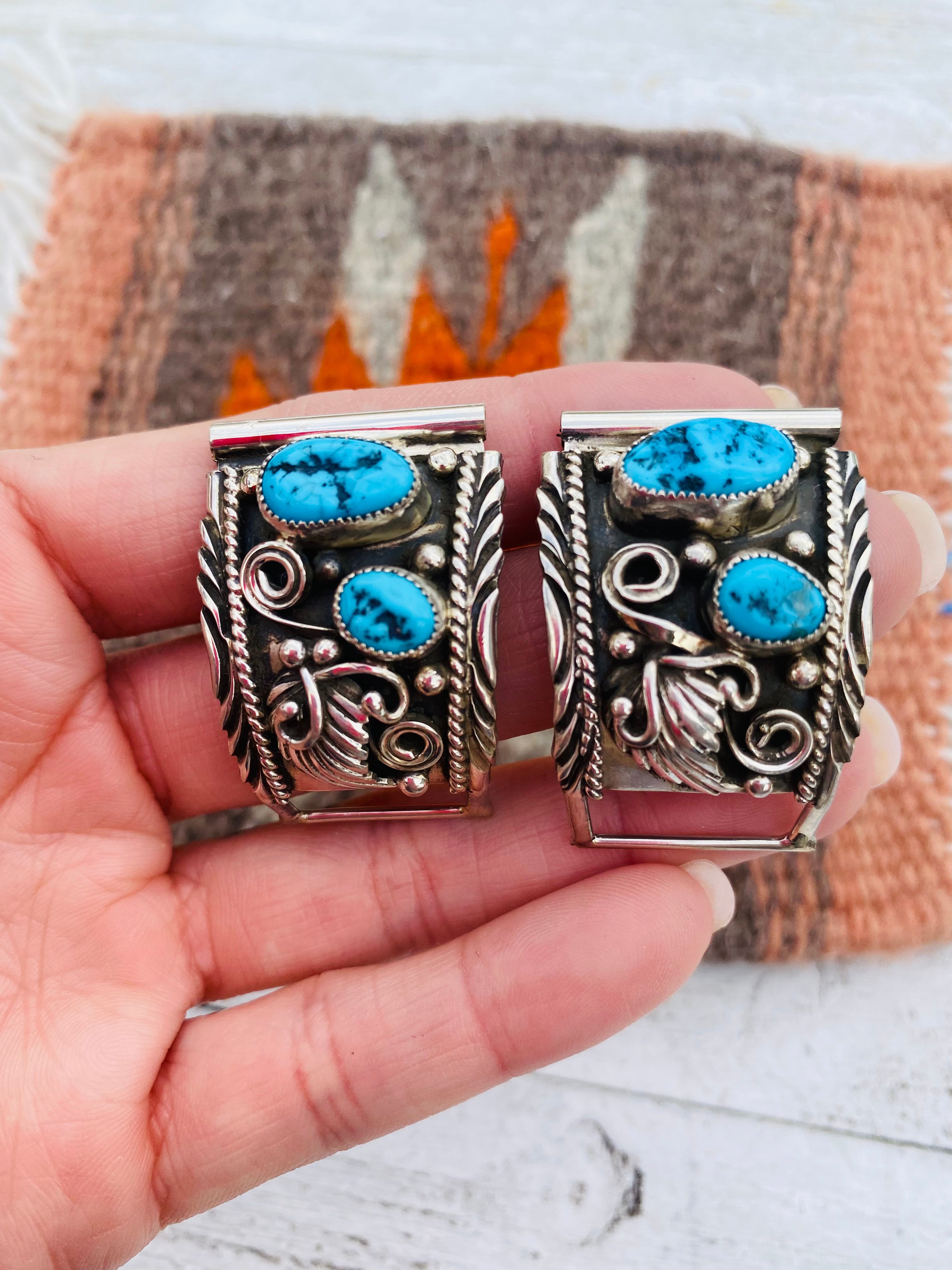 Navajo Kingman Turquoise & Sterling Silver Watch Ends