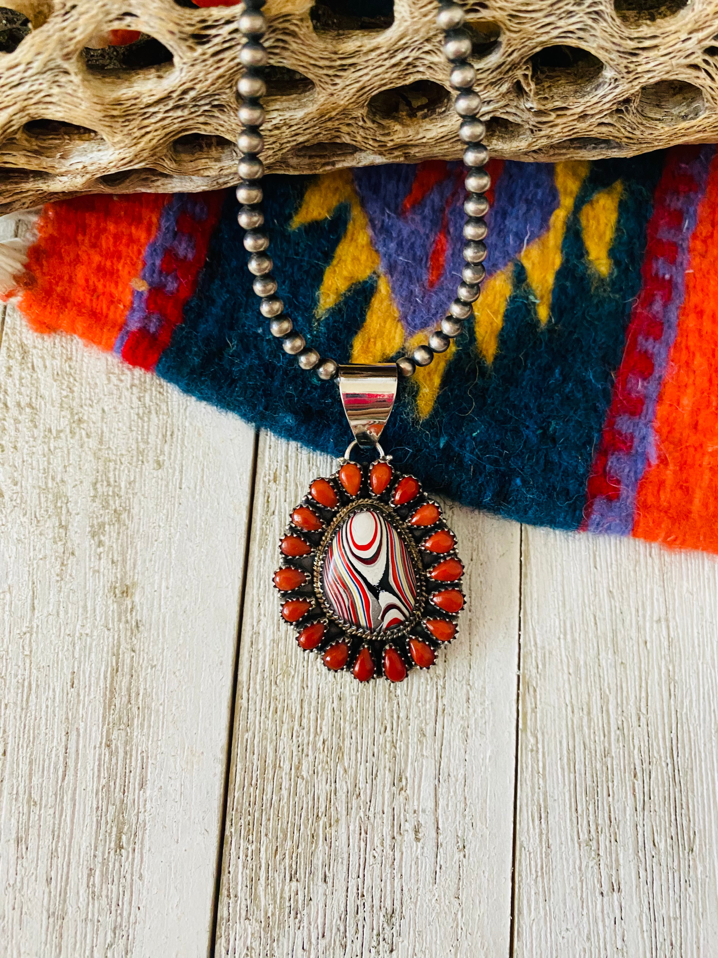 Handmade Sterling Silver, Fordite & Coral Cluster Pendant