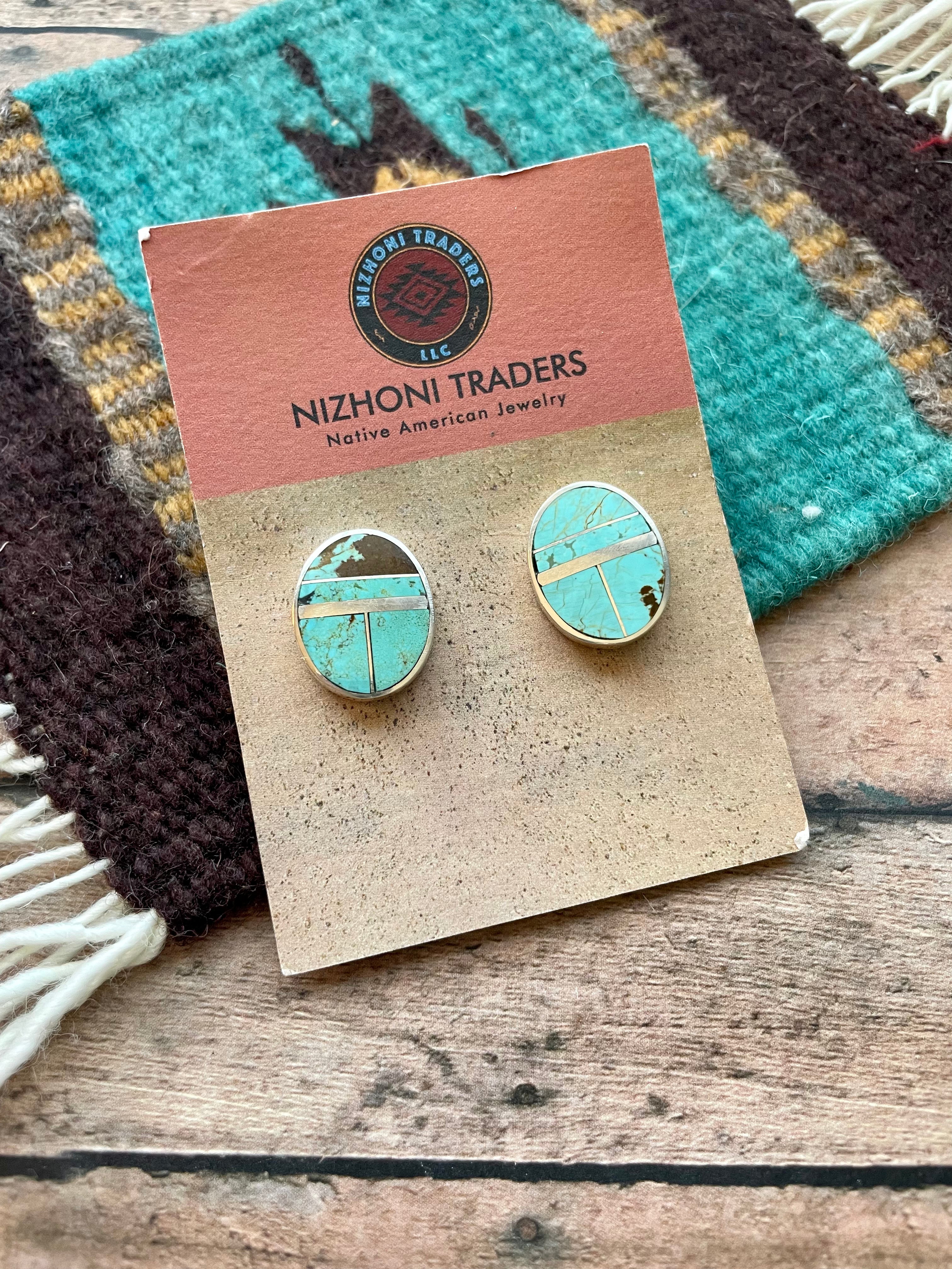 Navajo Number 8 Turquoise Inlay & Sterling Silver Post Earrings Signed