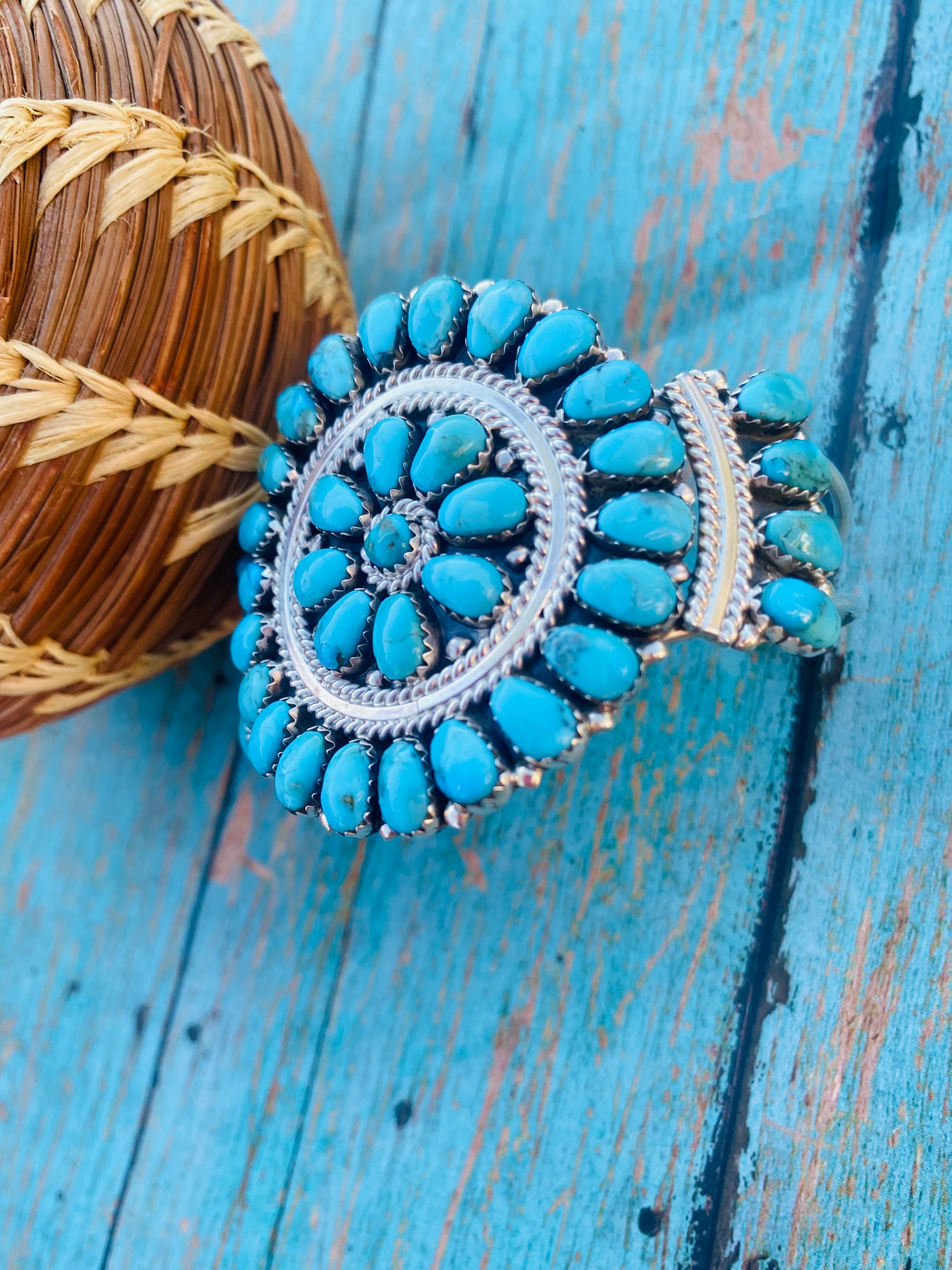 Navajo Kingman Turquoise & Sterling Silver Cluster Bracelet Cuff