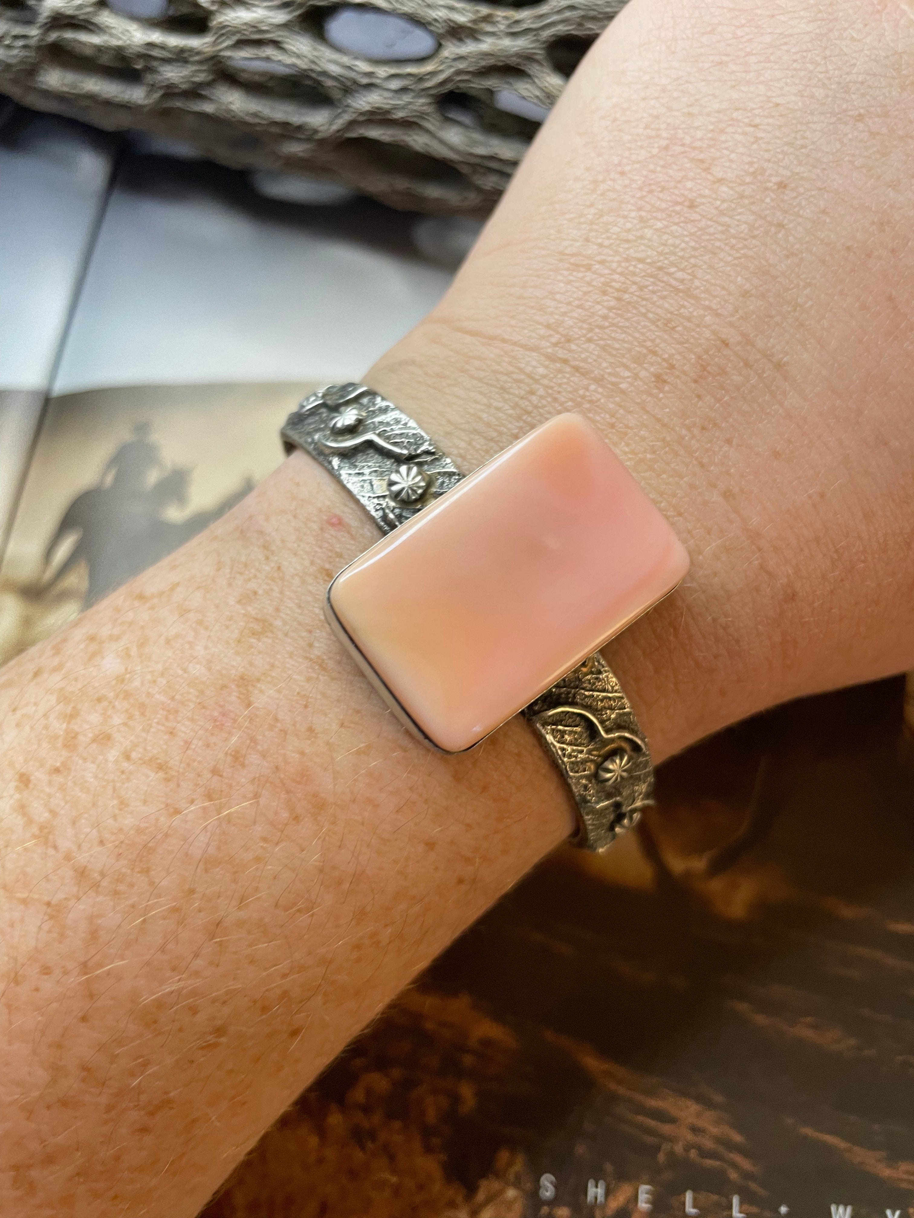 Navajo Pink Conch & Sterling Silver Tufa Cast Cuff Bracelet Signed