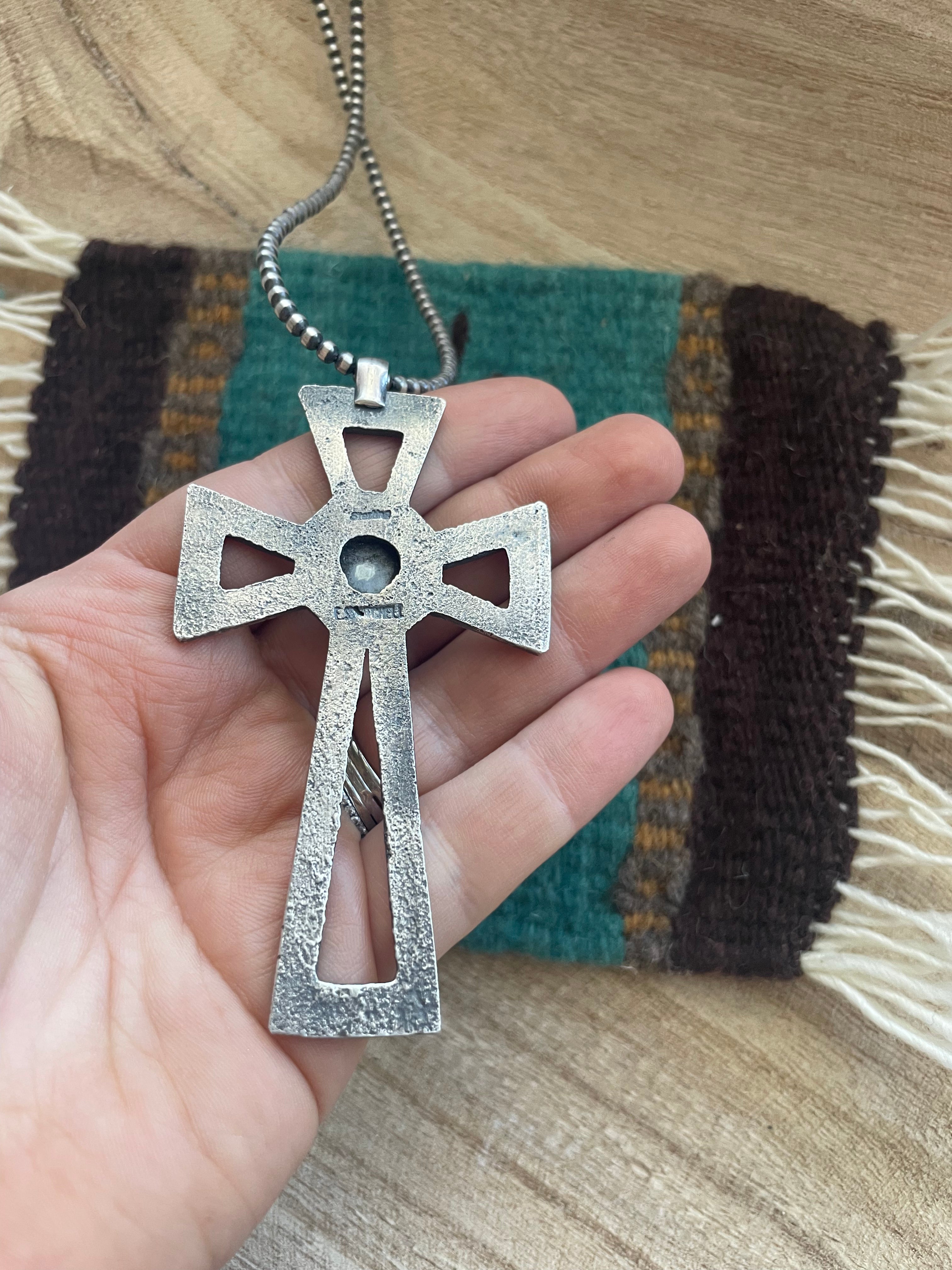 Navajo Sterling Silver & Turquoise Cross Pendant Signed Eugene Mitchell