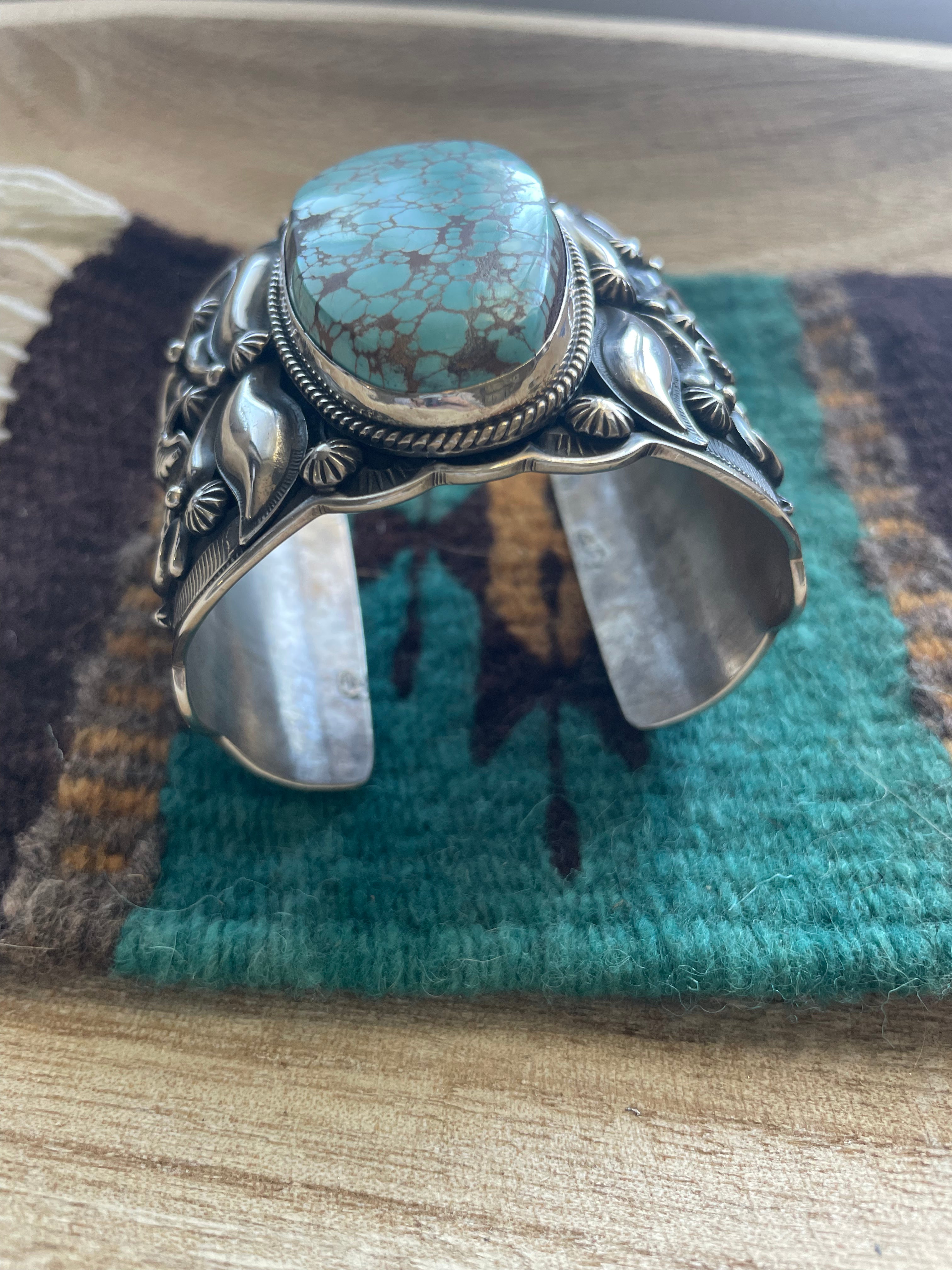 Navajo Sterling Silver & Number 8 Turquoise Cuff Bracelet Signed