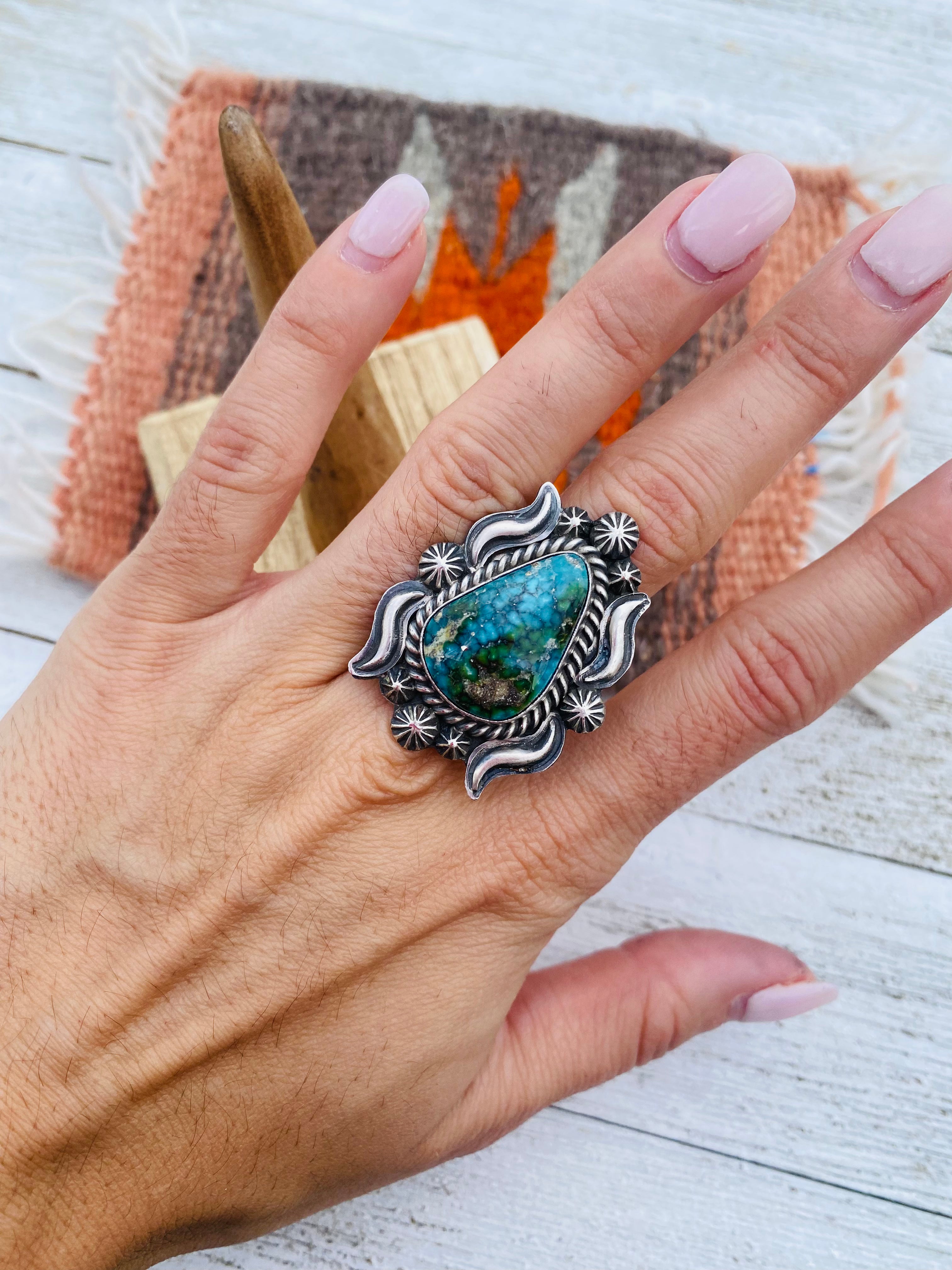 Navajo Kingman Web Turquoise & Sterling Silver Ring Size 6