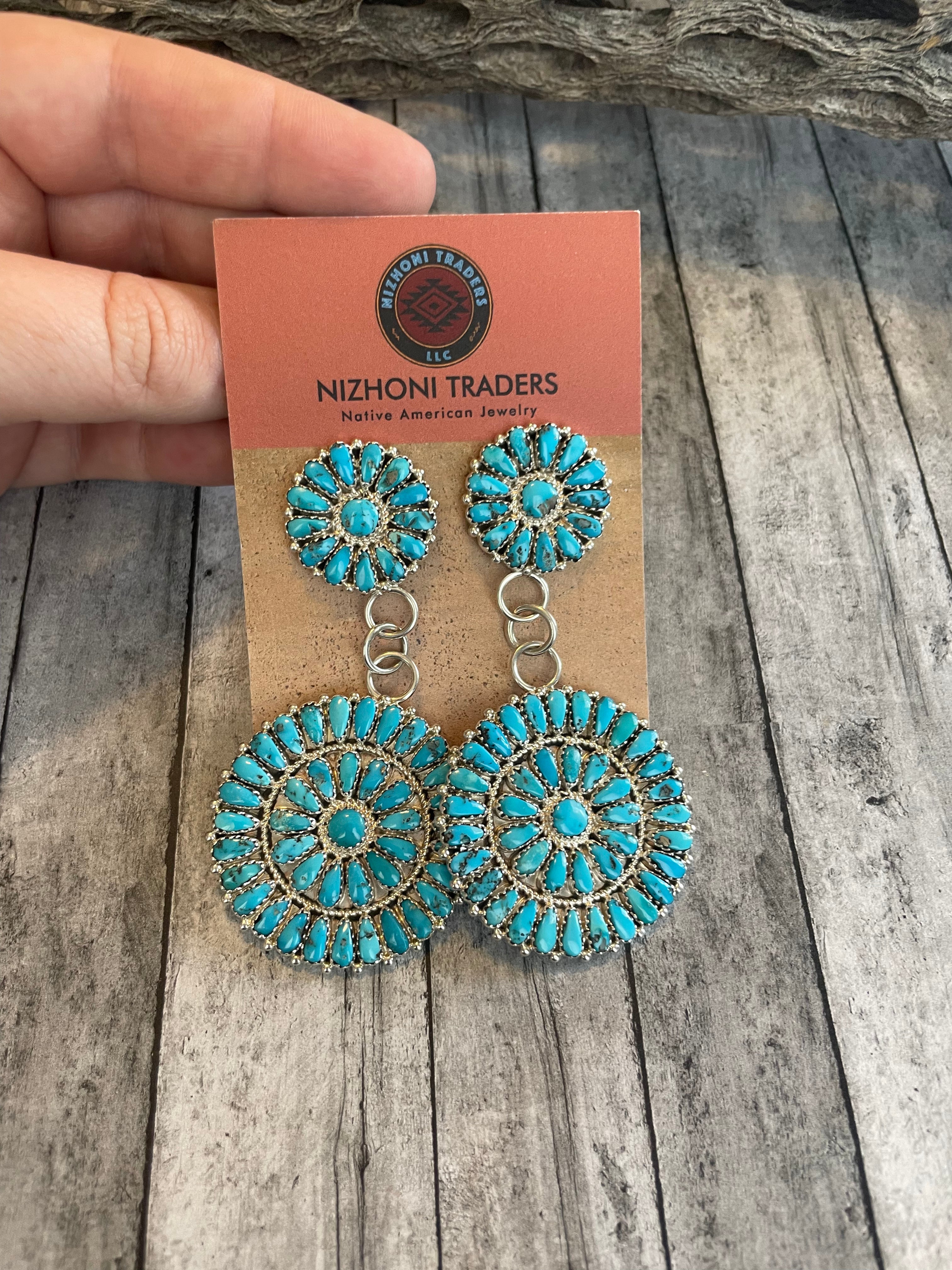 Navajo Sleeping Beauty Turquoise Sterling Silver Dangle Earrings