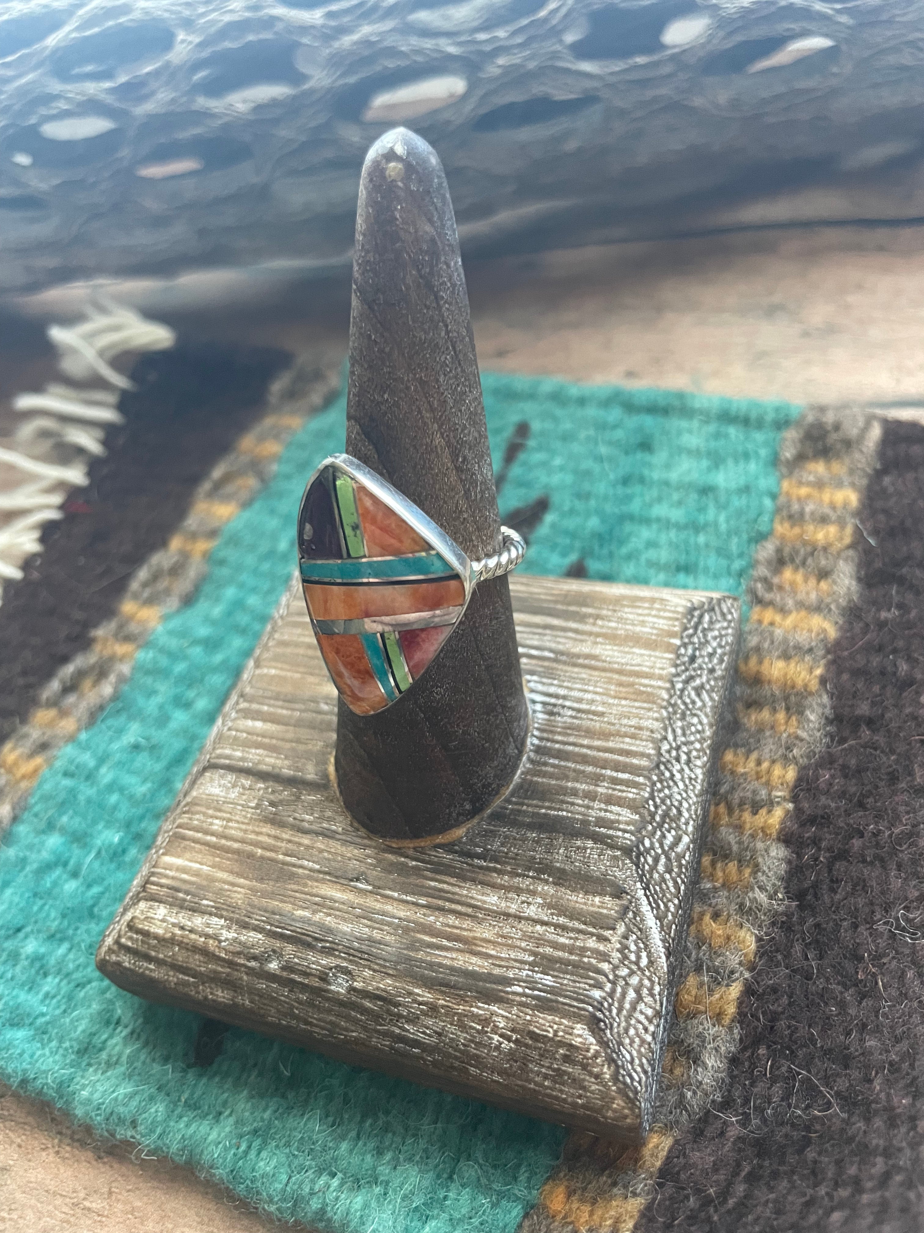 Navajo Sterling Silver & Multi Stone Inlay Ring Size 7.5