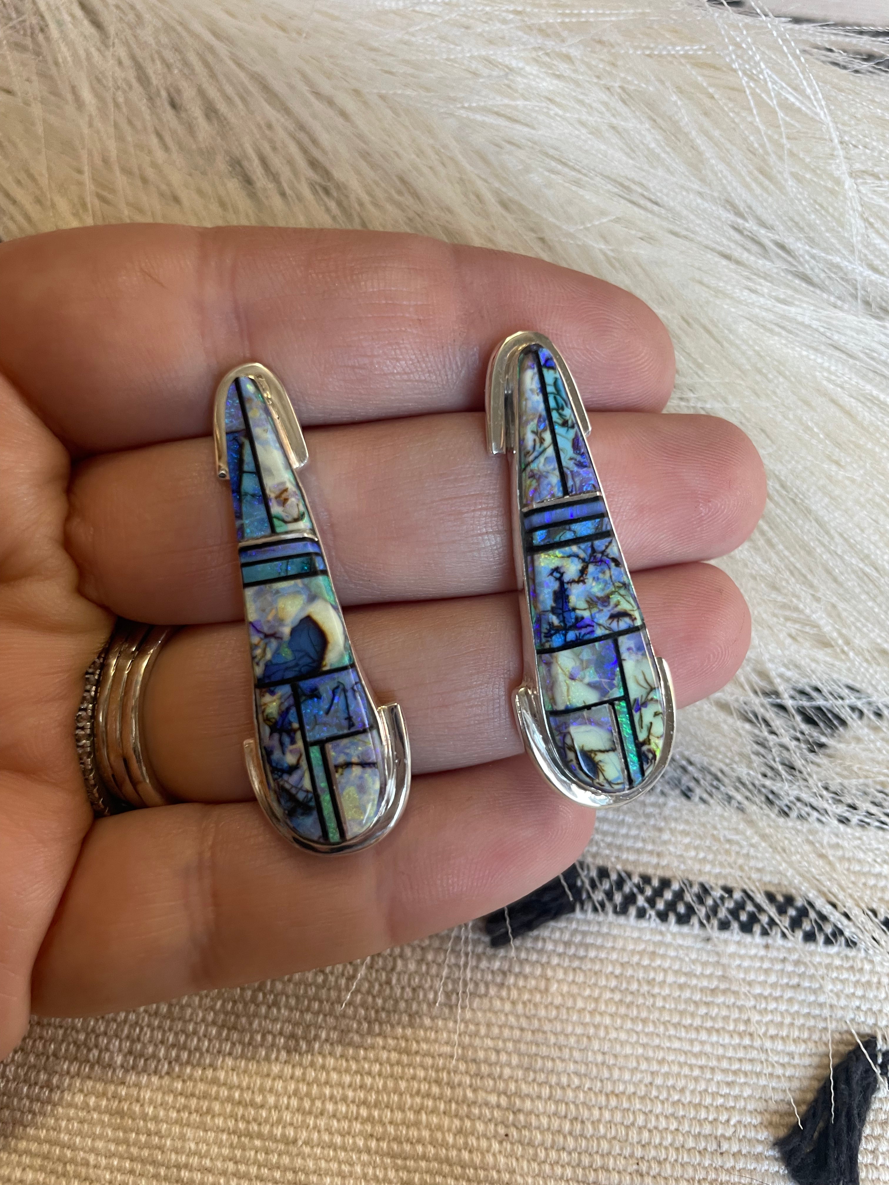 Navajo Blue Opal Inlay & Sterling Silver Dangle Earrings Signed VS