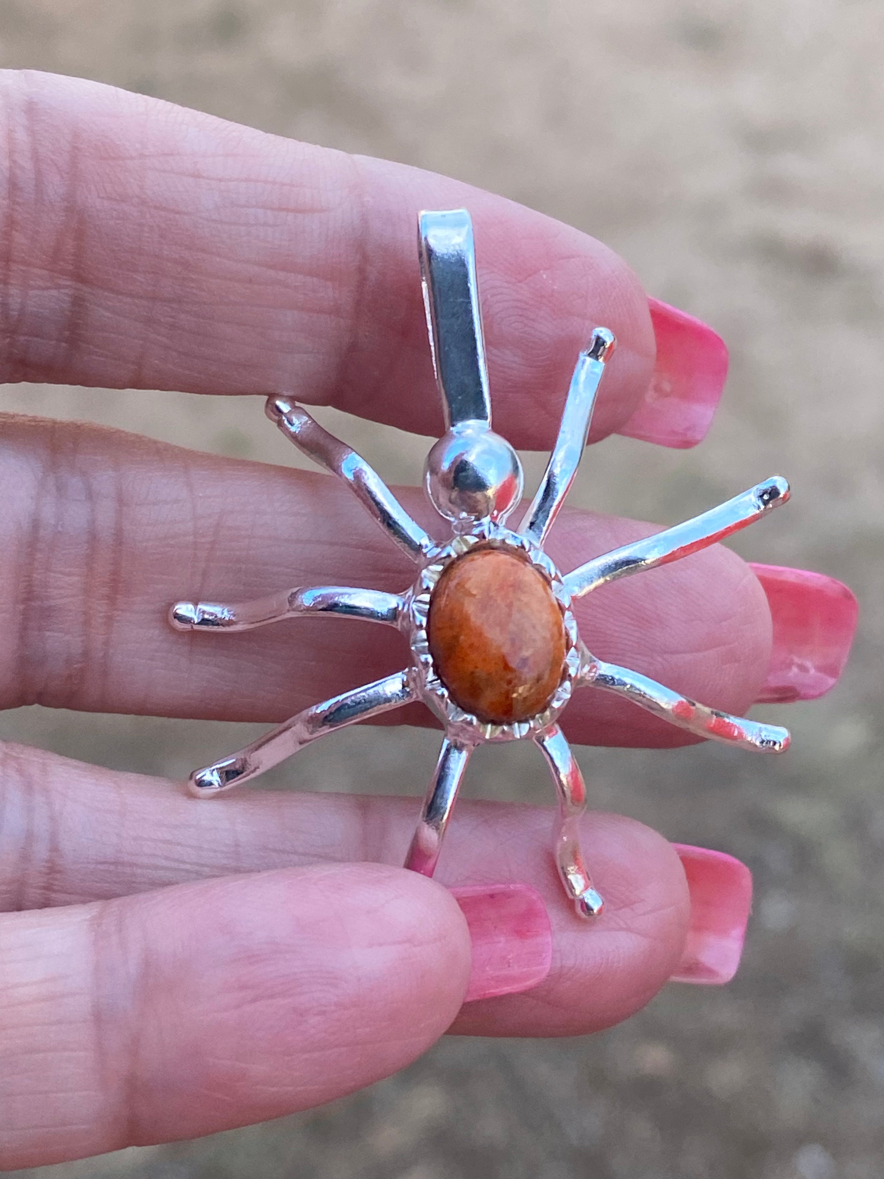 Natural Orange Mojave & Sterling Silver Spider Pendant