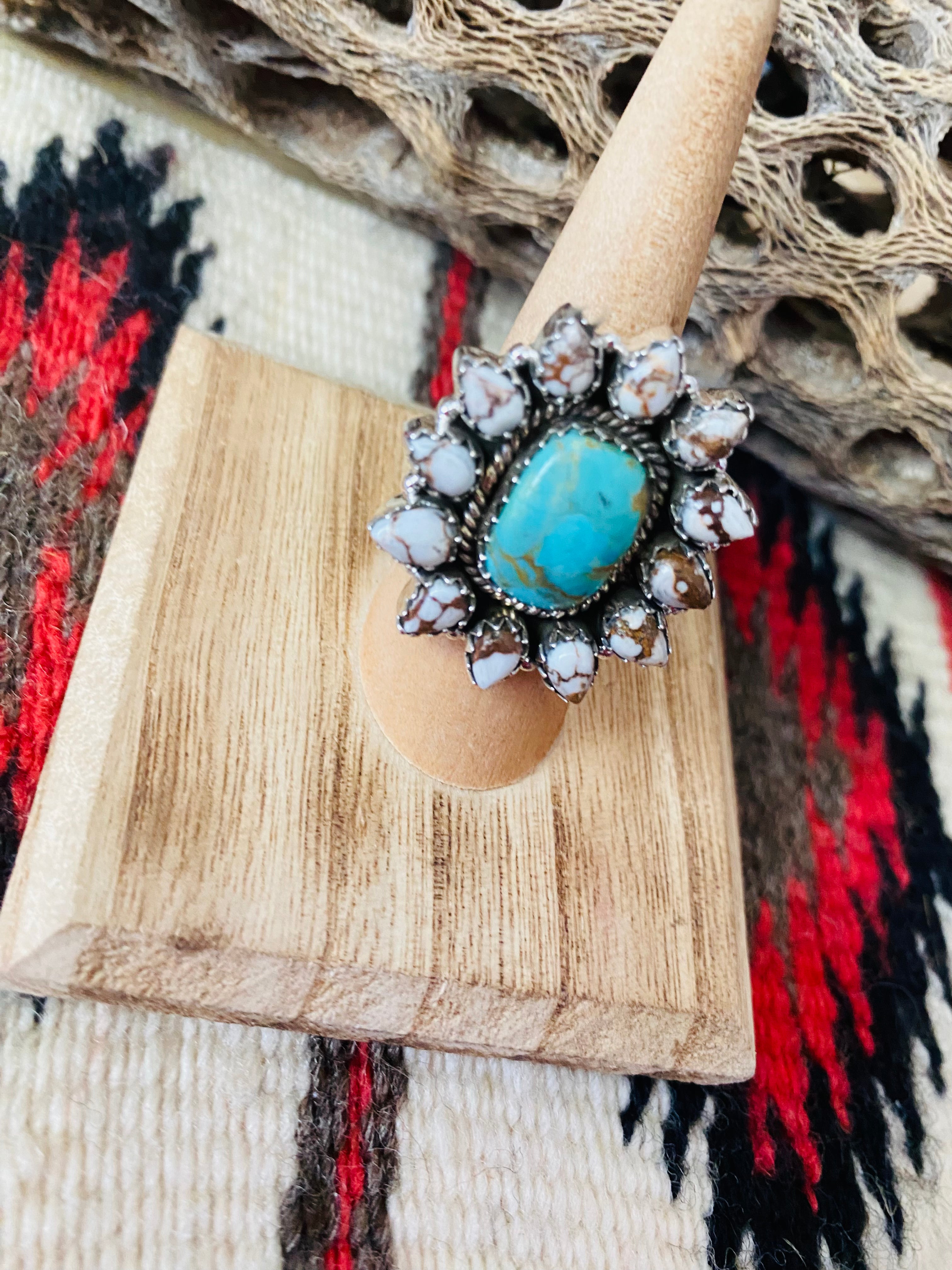 Handmade Sterling Silver, Wild Horse & Turquoise Cluster Adjustable Ring