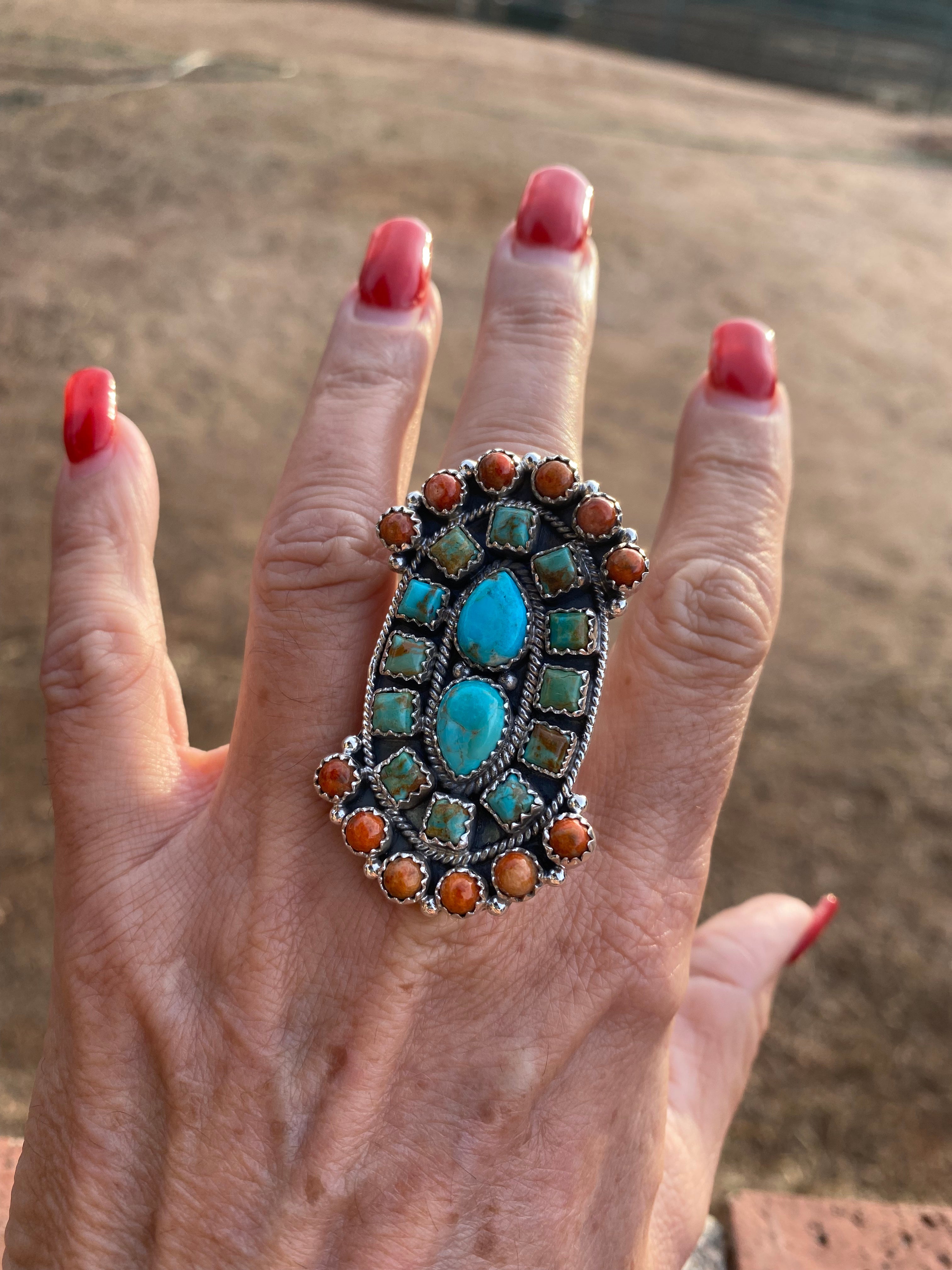 Beautiful Sterling Silver, Turquoise & Spiny Adjustable Ring