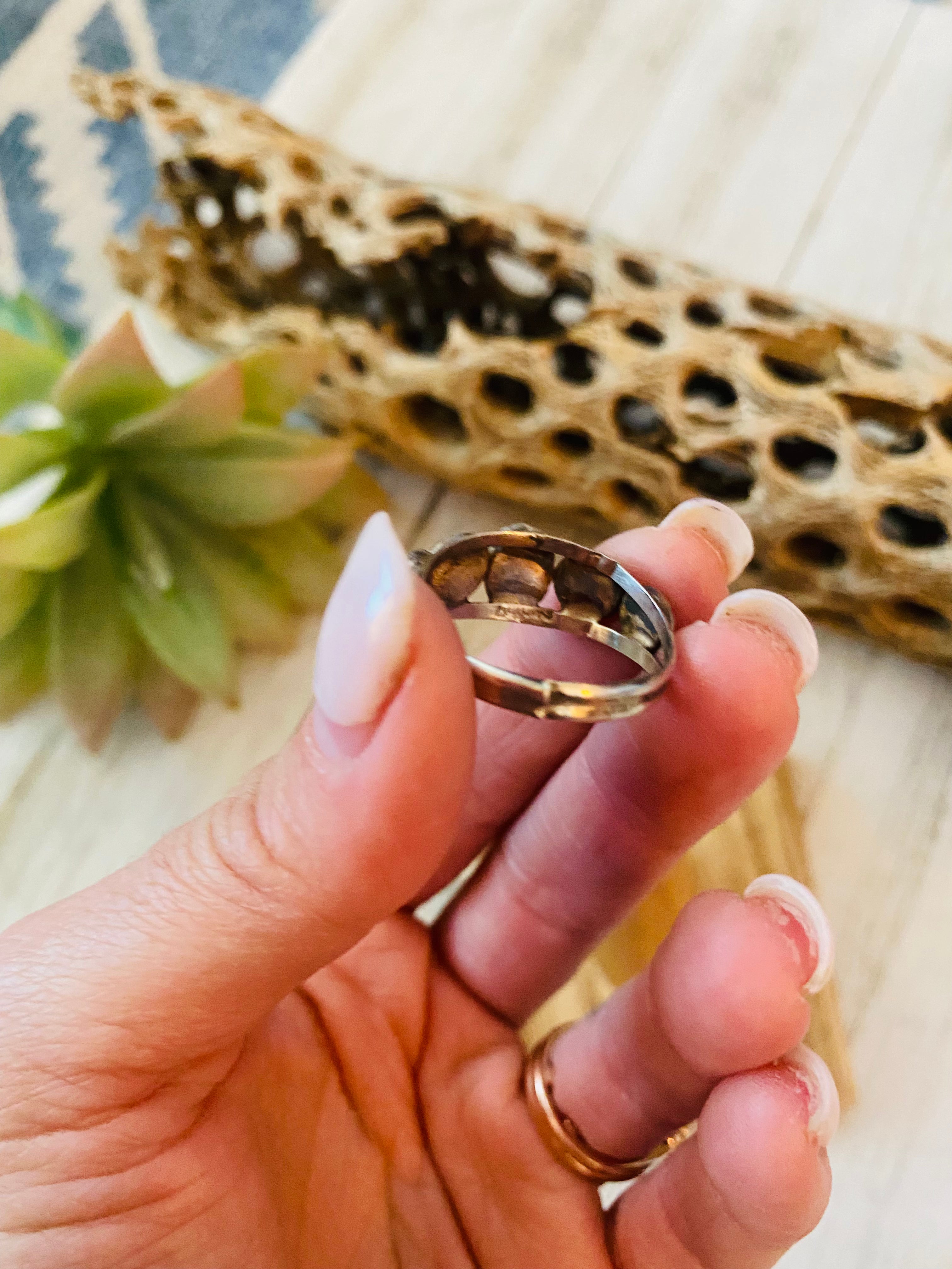 Navajo White Opal and Sterling Silver Concho Band Ring