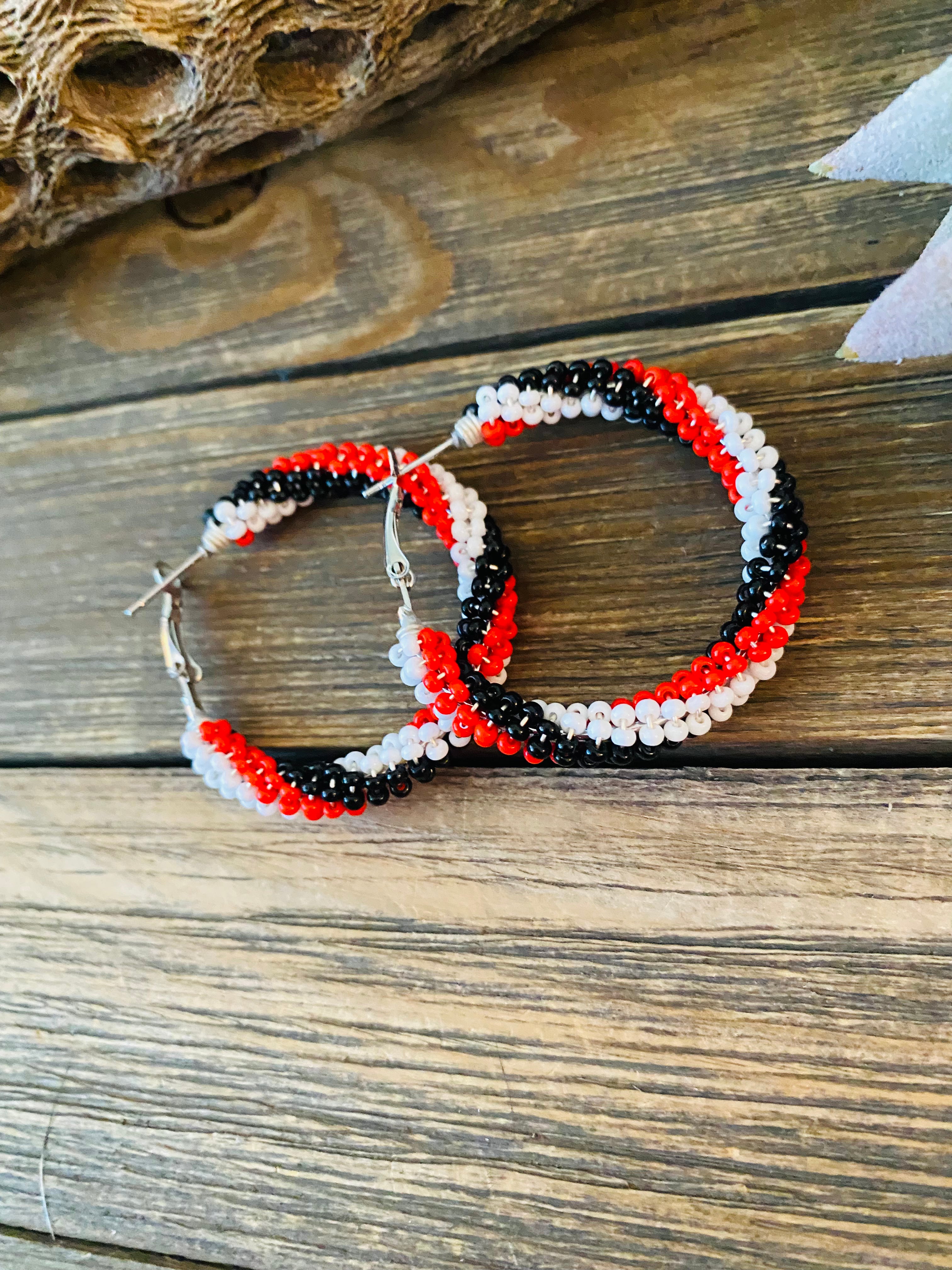 Navajo Handmade Beaded Hoop Earrings- red, black