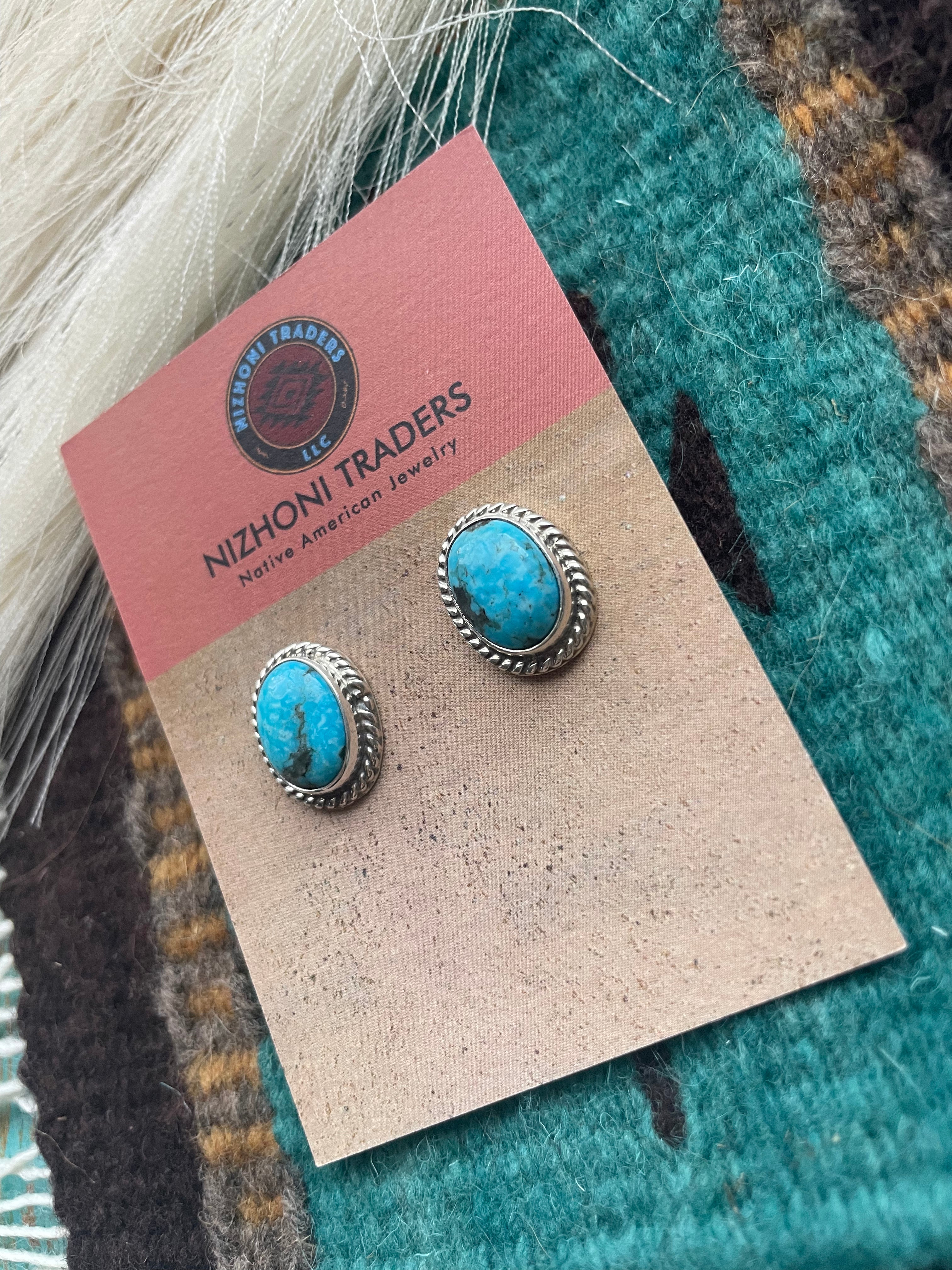 Navajo Sterling Silver & Turquoise Stud Earrings Signed M Silversmith