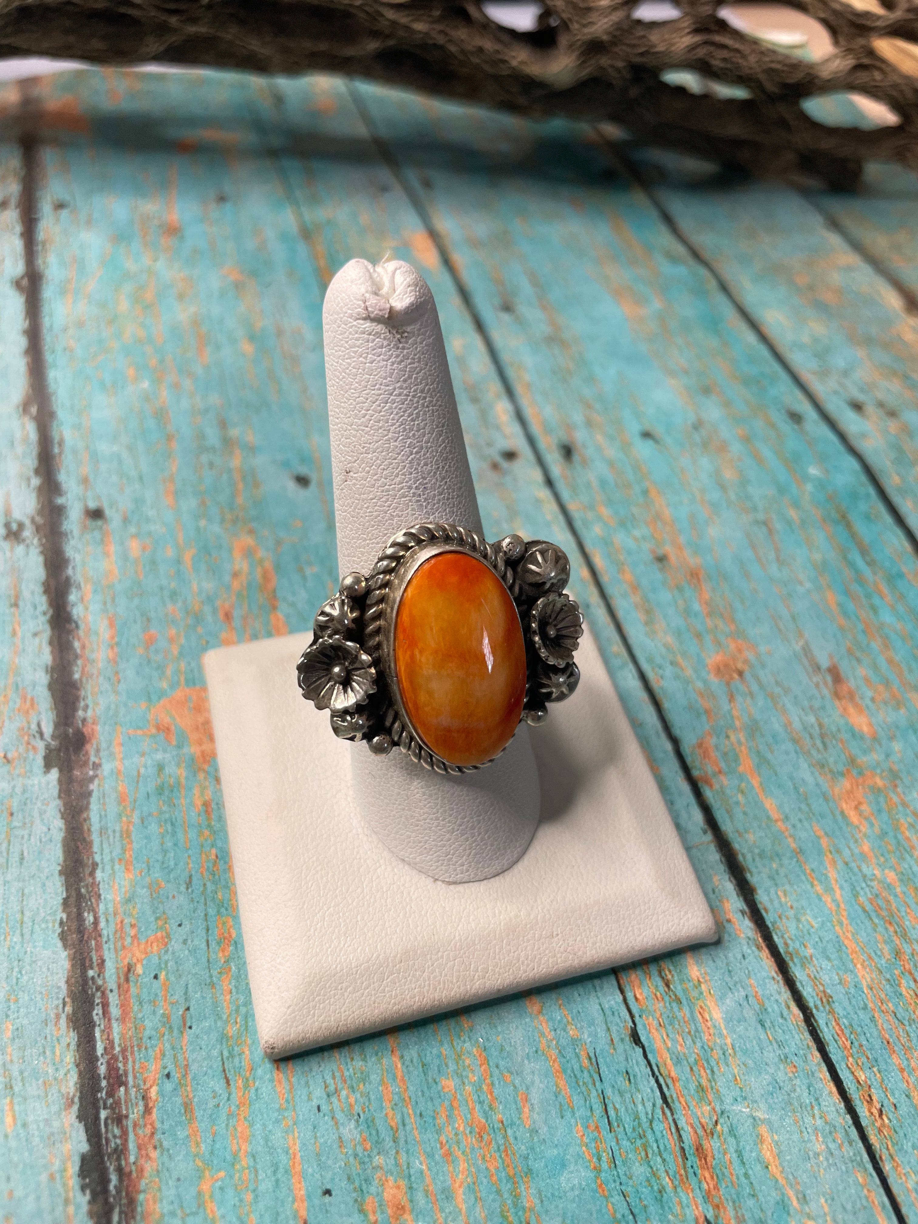 Old Pawn Navajo Sterling Silver & Orange Spiny Ring Size 8.5