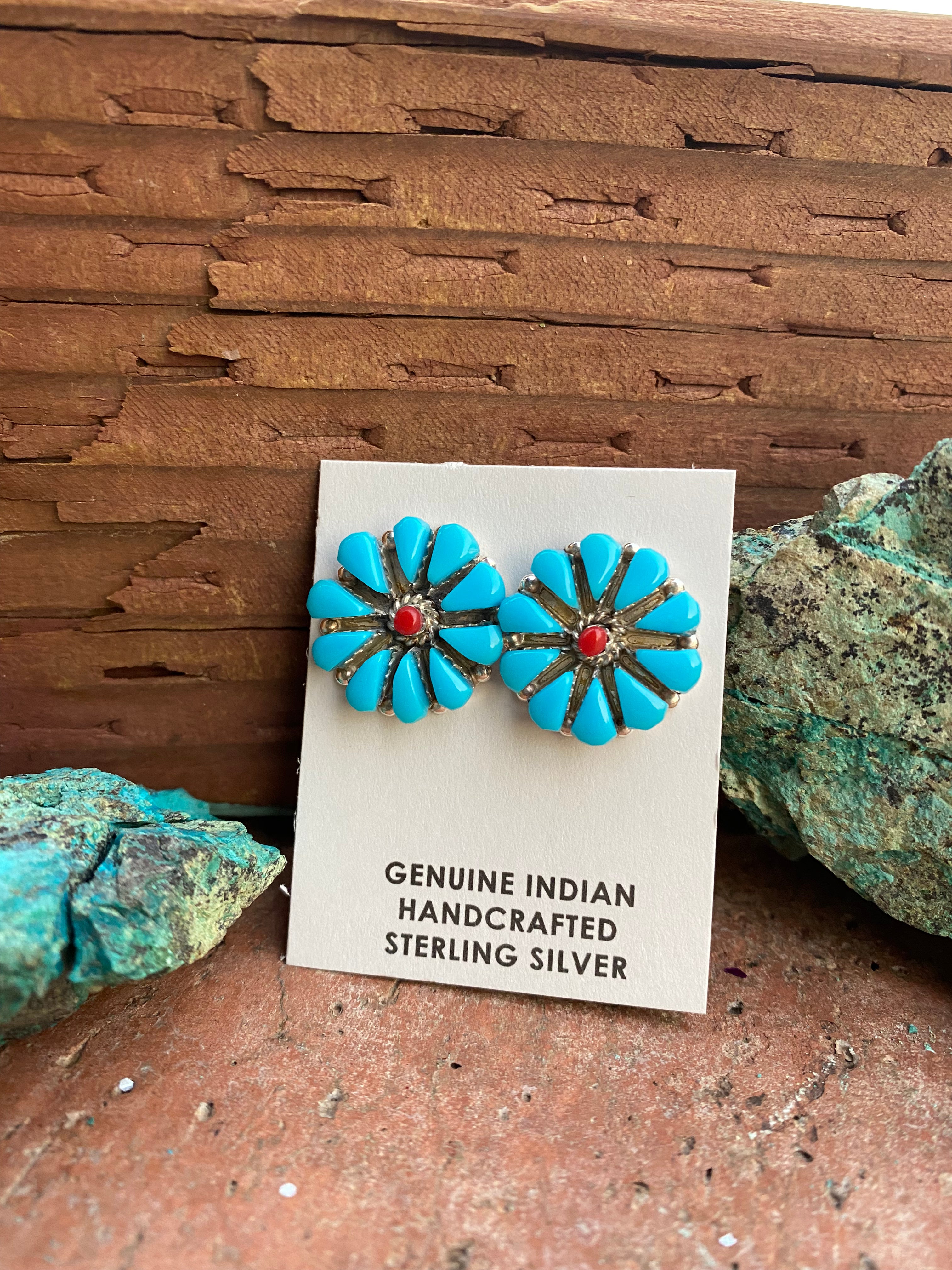 Zuni Turquoise & Coral Sterling Silver Cluster Stud Earrings Signed