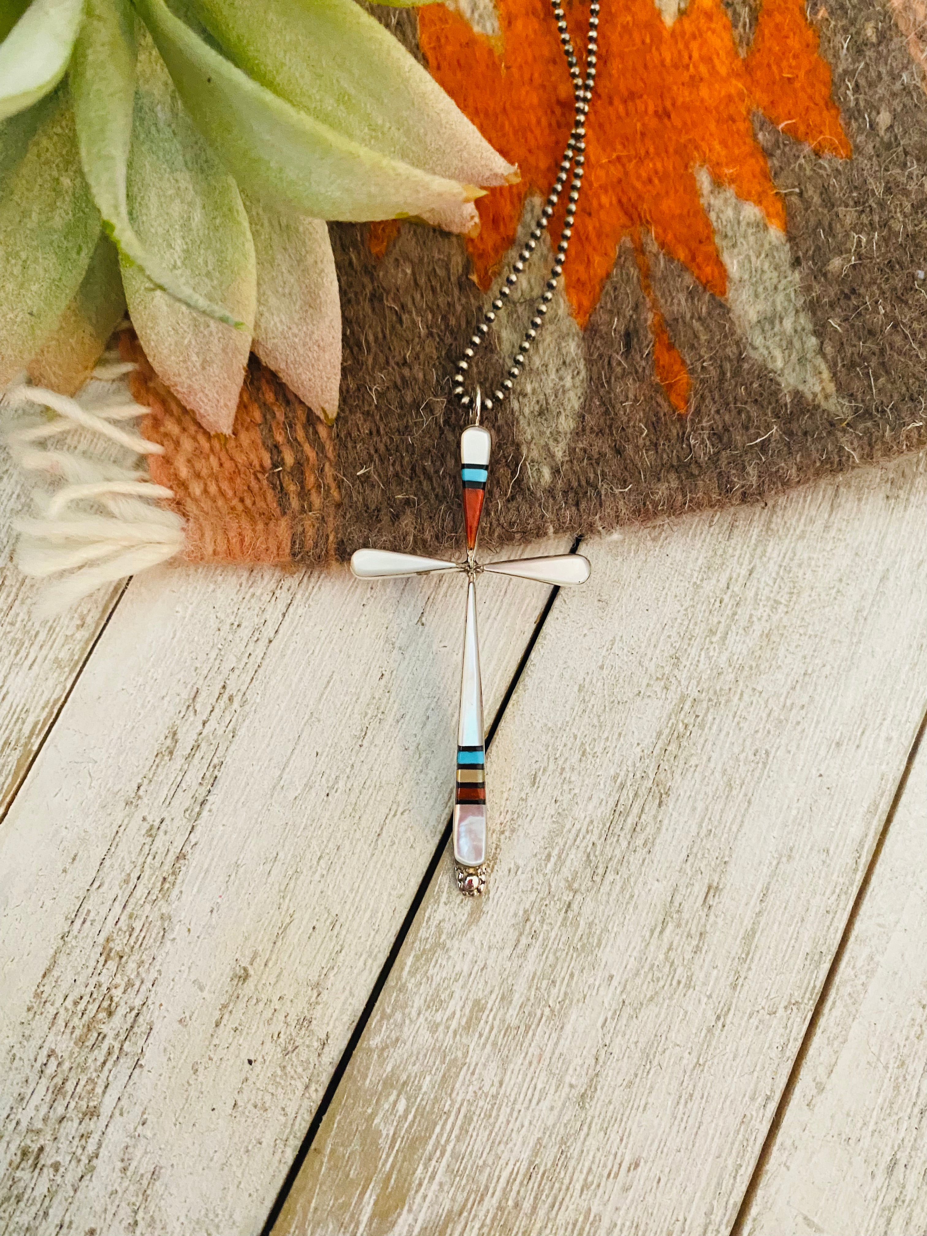 Zuni Multi Stone & Sterling Silver Inlay Cross Pendant