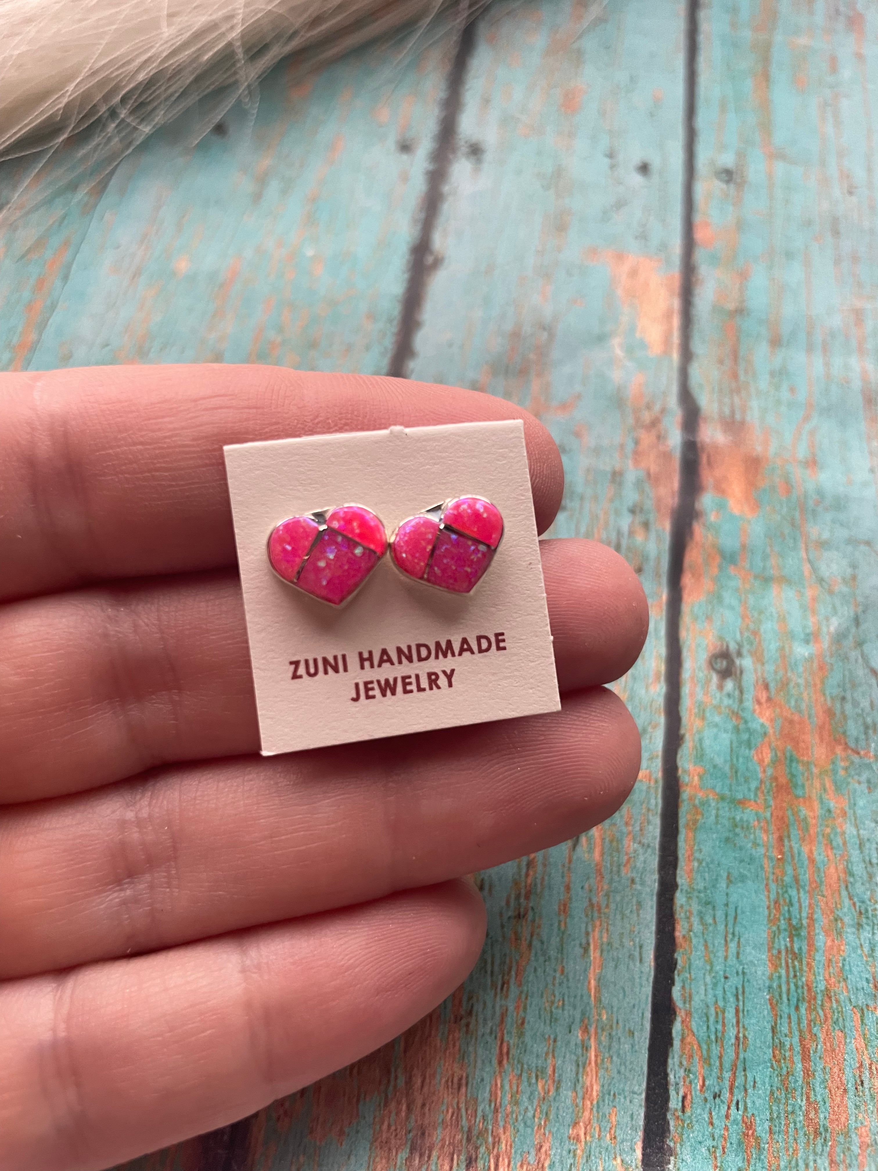 Zuni Sterling Silver & Pink Opal Inlay Heart Stud Earrings