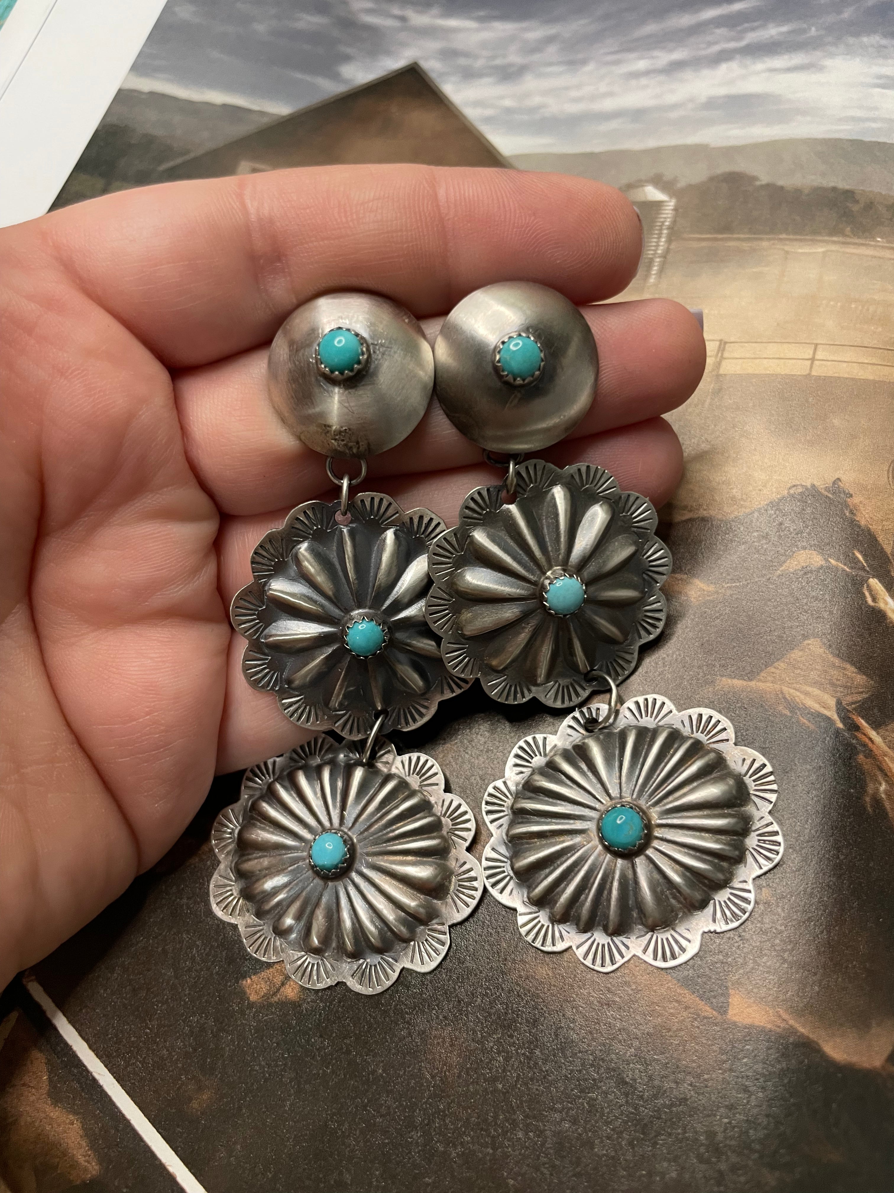 Navajo Turquoise & Sterling Silver Concho Dangle Earrings