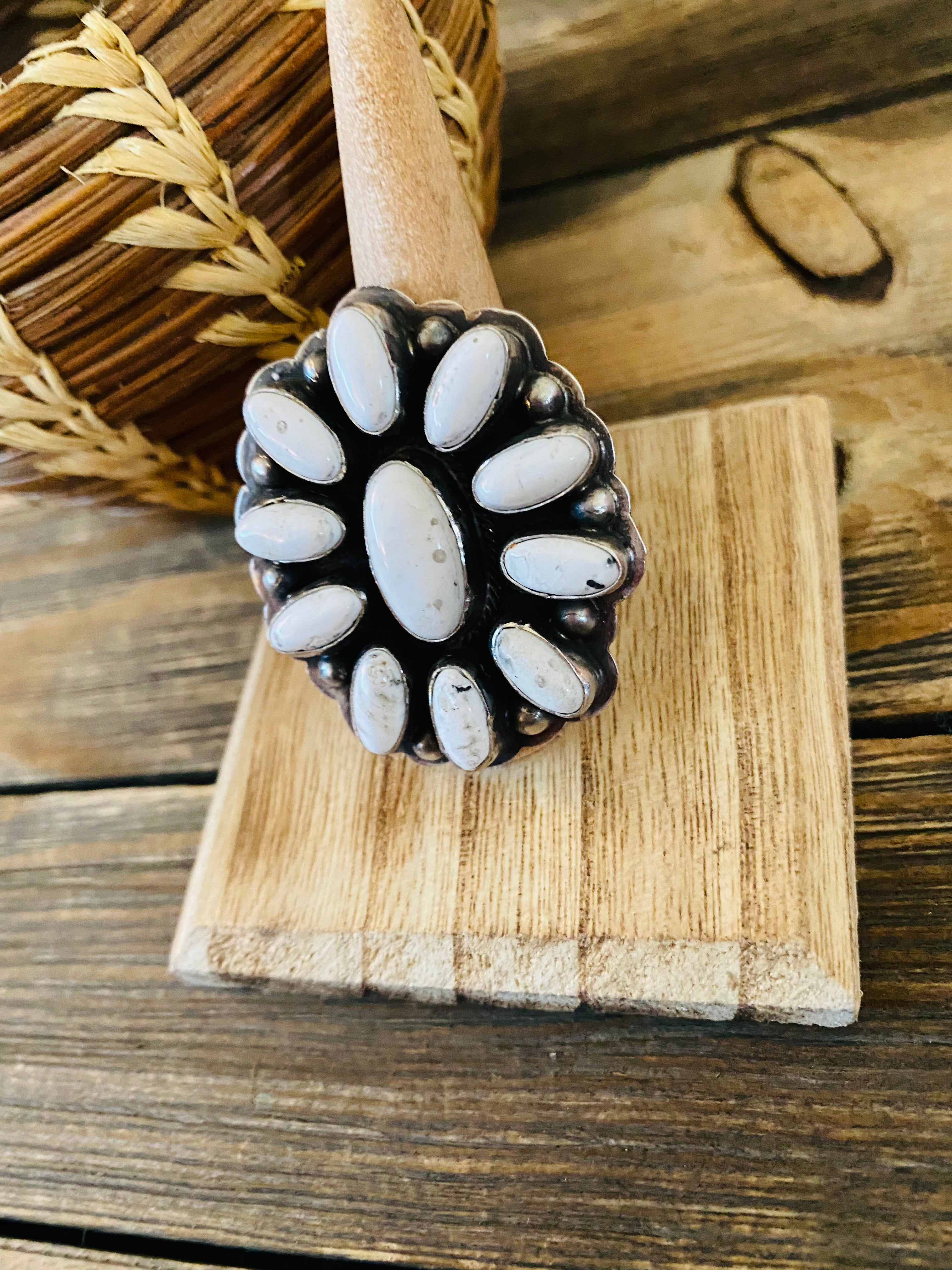 Navajo Sterling Silver And White Buffalo Cluster Adjustable Ring