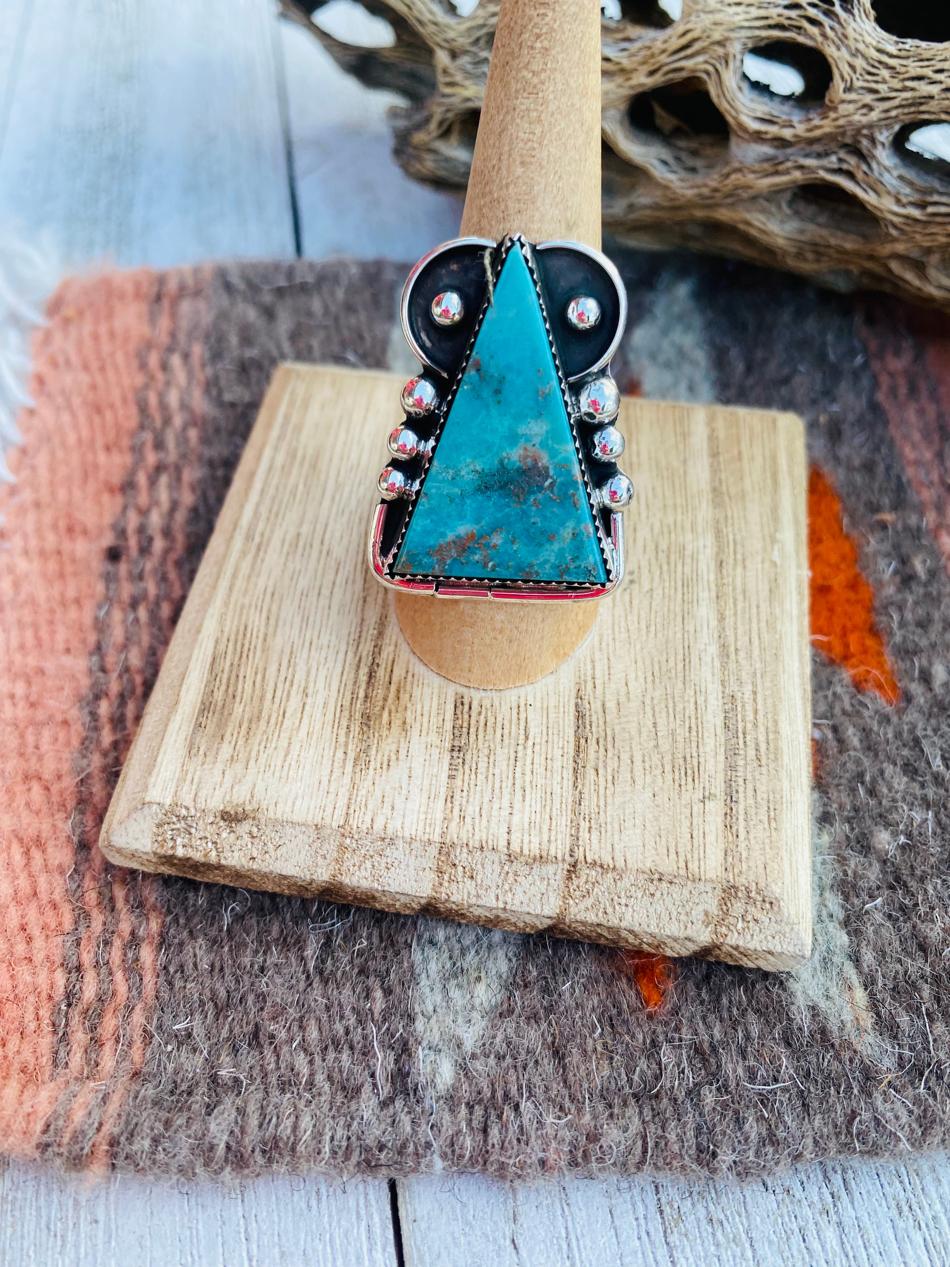 Navajo Turquoise & Sterling Silver Triangle Ring Size 7