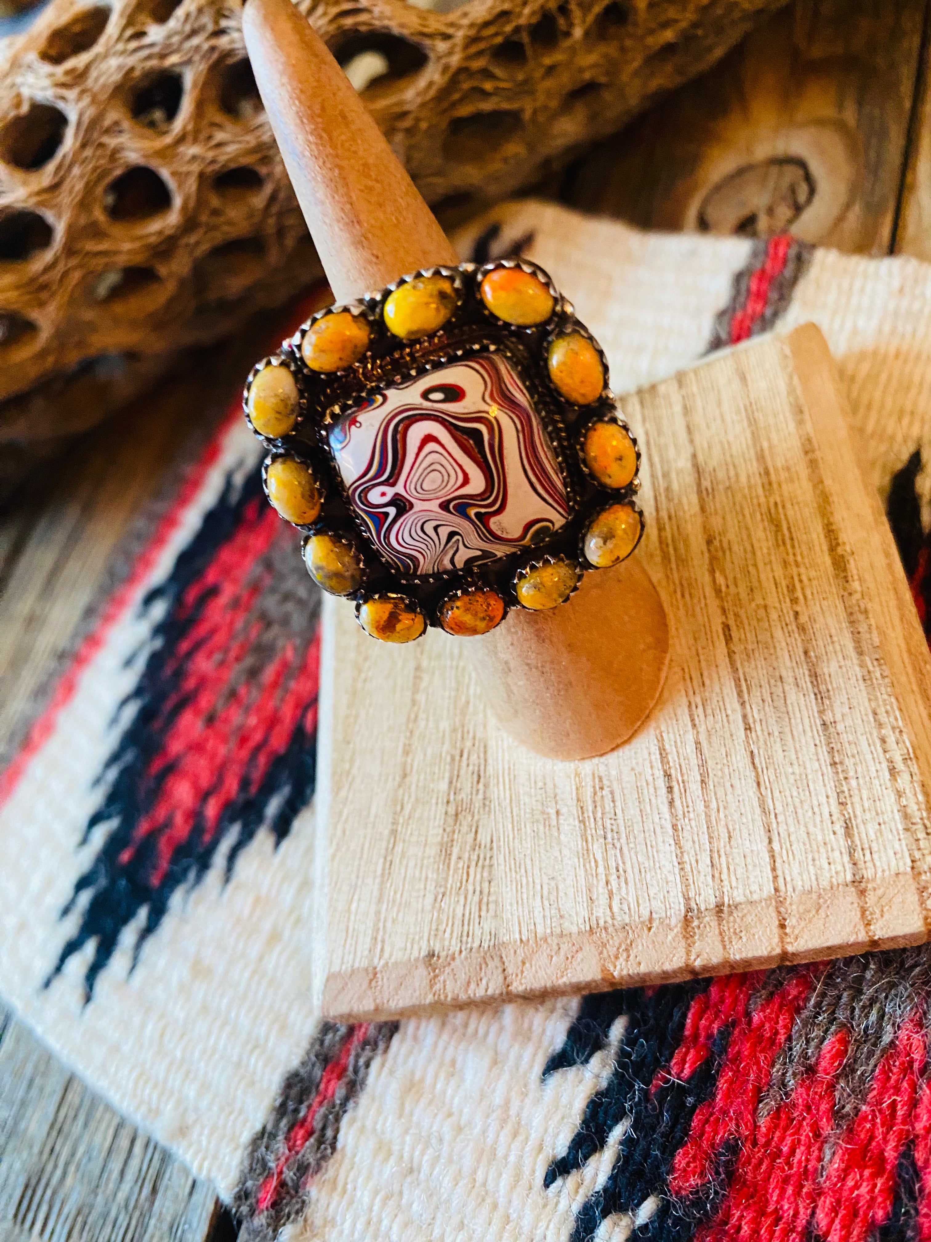 Handmade Sterling Silver, Fordite & Orange Mohave Cluster Adjustable Ring