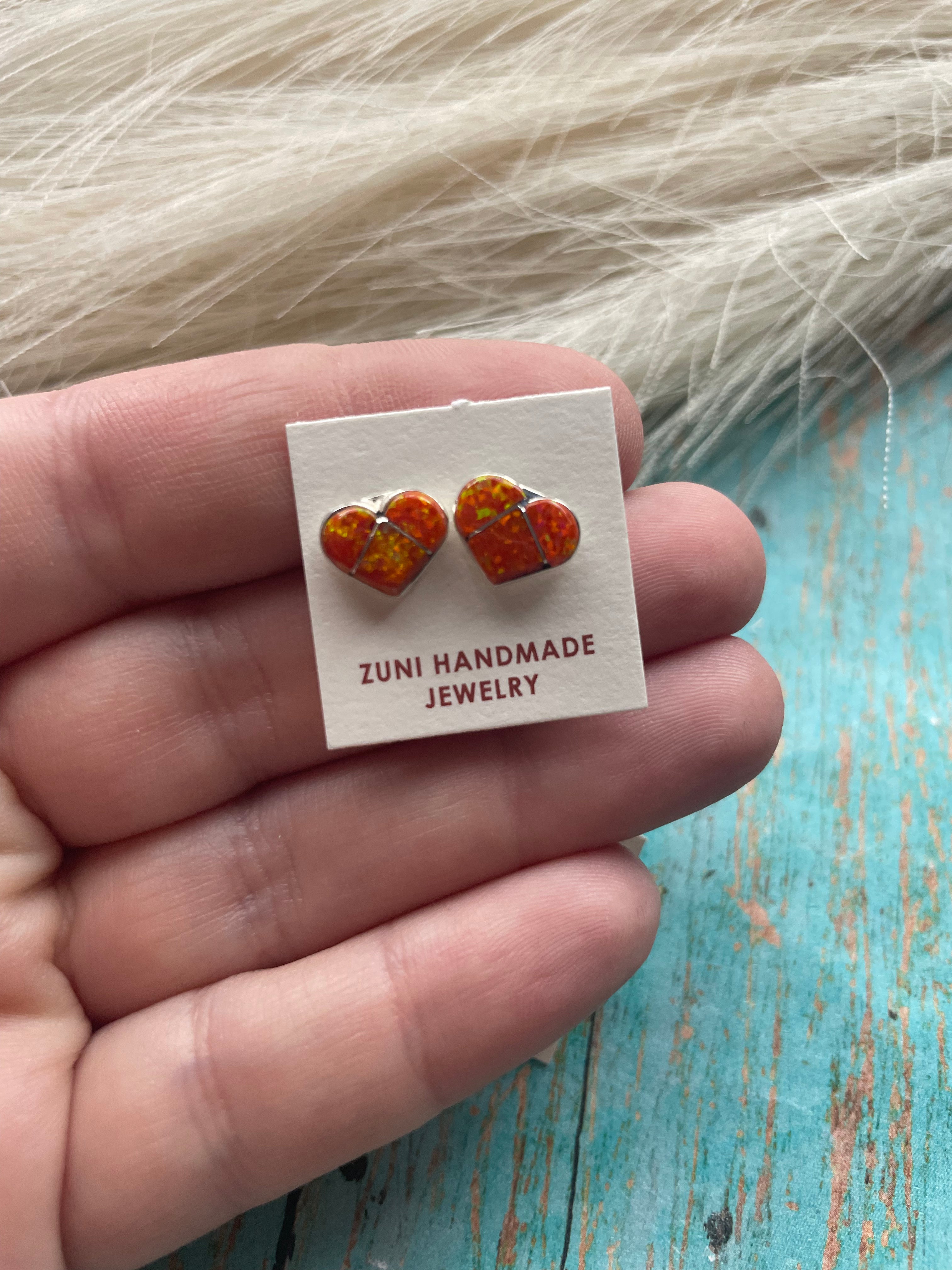 Zuni Sterling Silver & Orange Opal Inlay Heart Stud Earrings