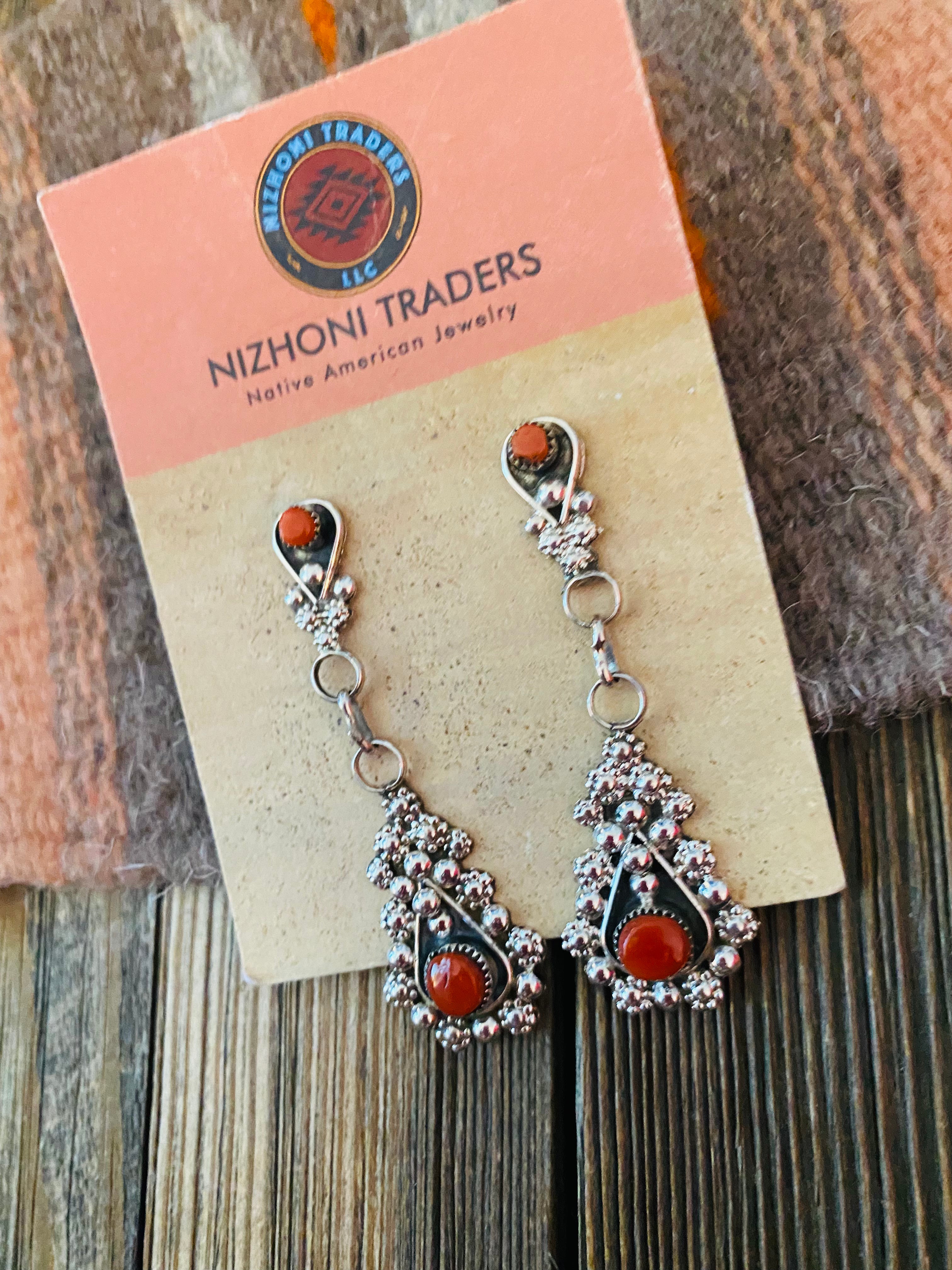 Zuni Sterling Silver & Coral Dangle Earrings