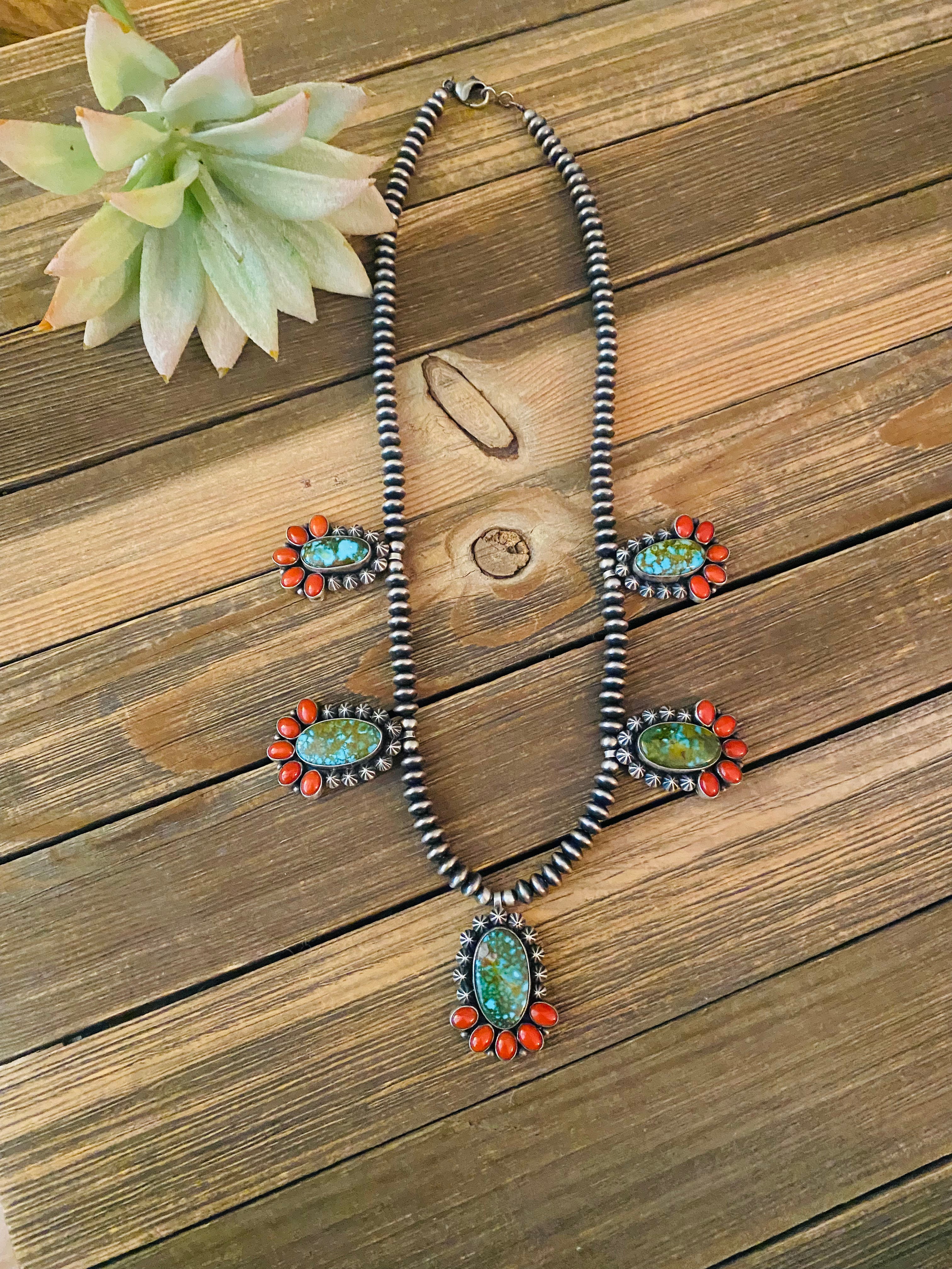 Navajo Sterling Kingman Turquoise & Natural Red Coral Necklace Taos Collection