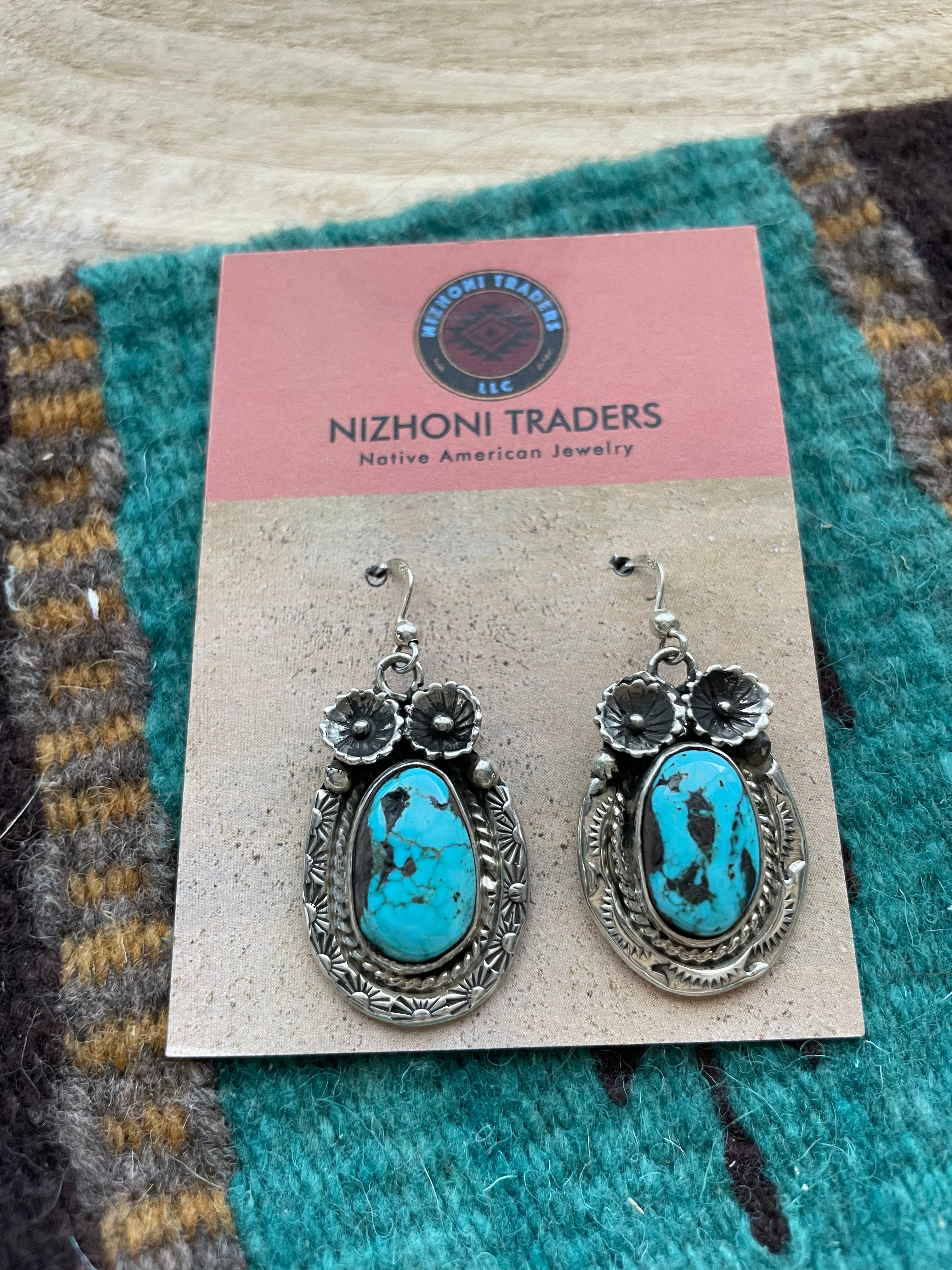 Navajo Kingman Turquoise & Sterling Silver Dangle Earrings