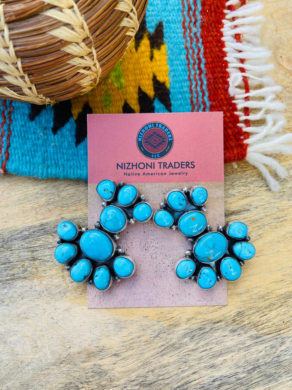 Navajo Sterling Silver & Kingman Turquoise Cluster Earrings