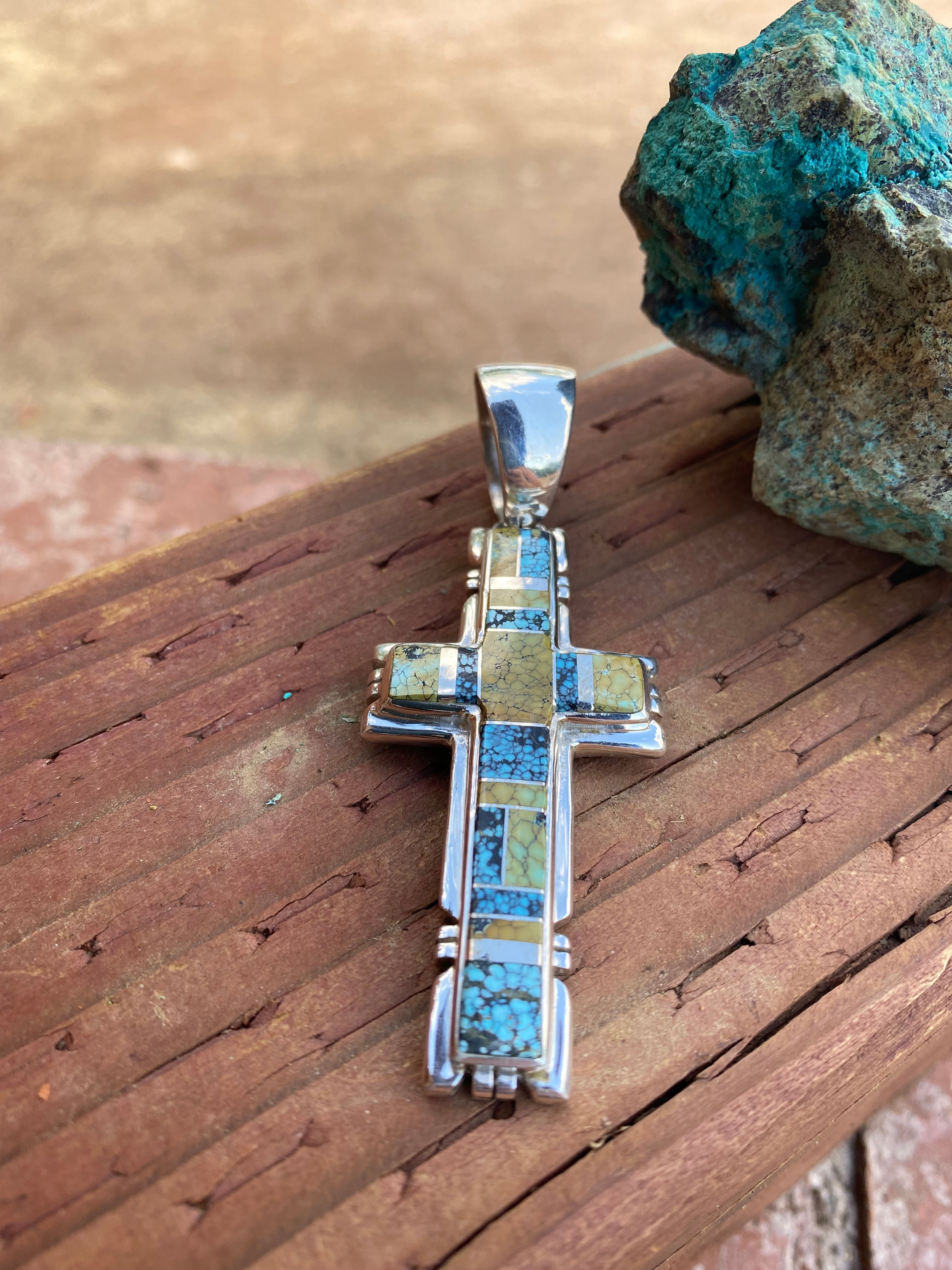 Natural Blue Moon Turquoise & Sterling Silver Navajo  Cross Pendant