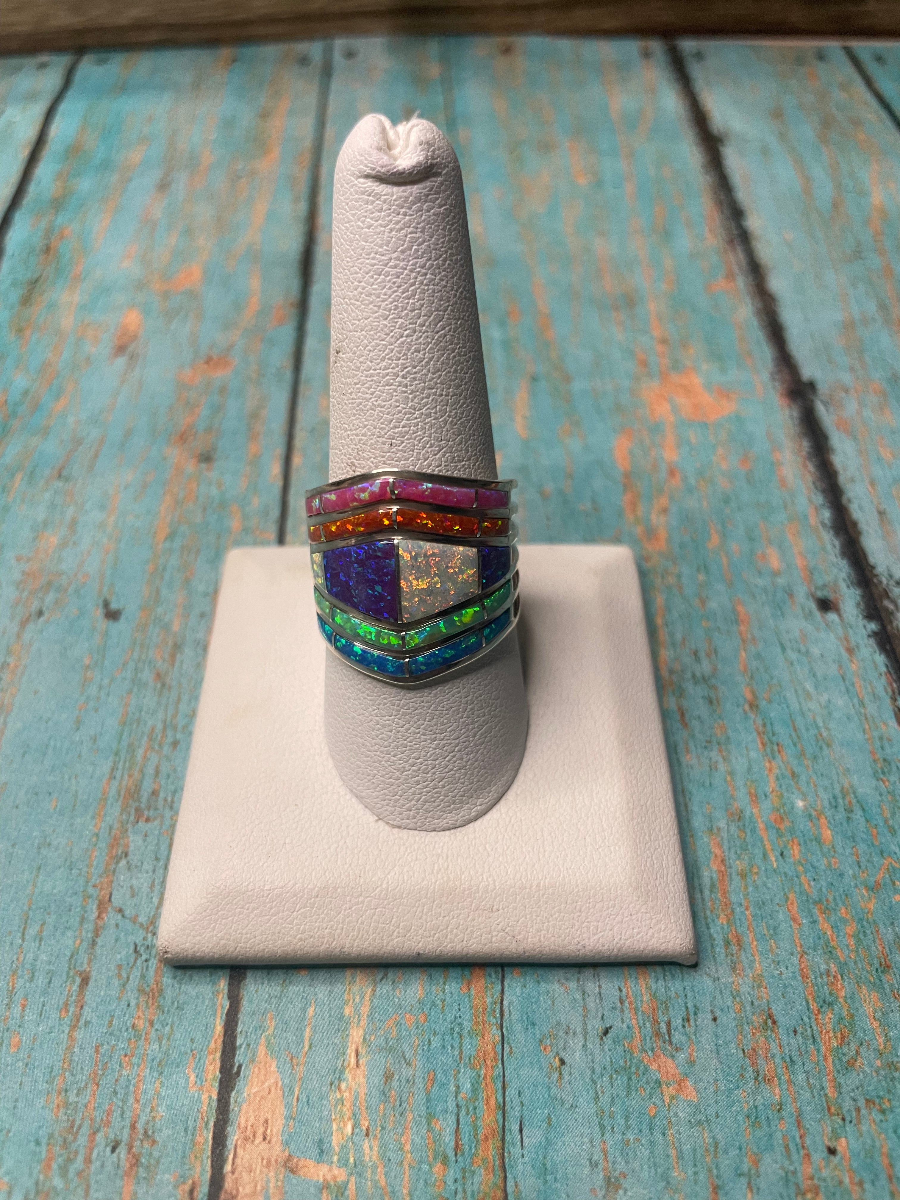 Zuni Multi Stone Opal & Sterling Silver Wide Band Ring Signed