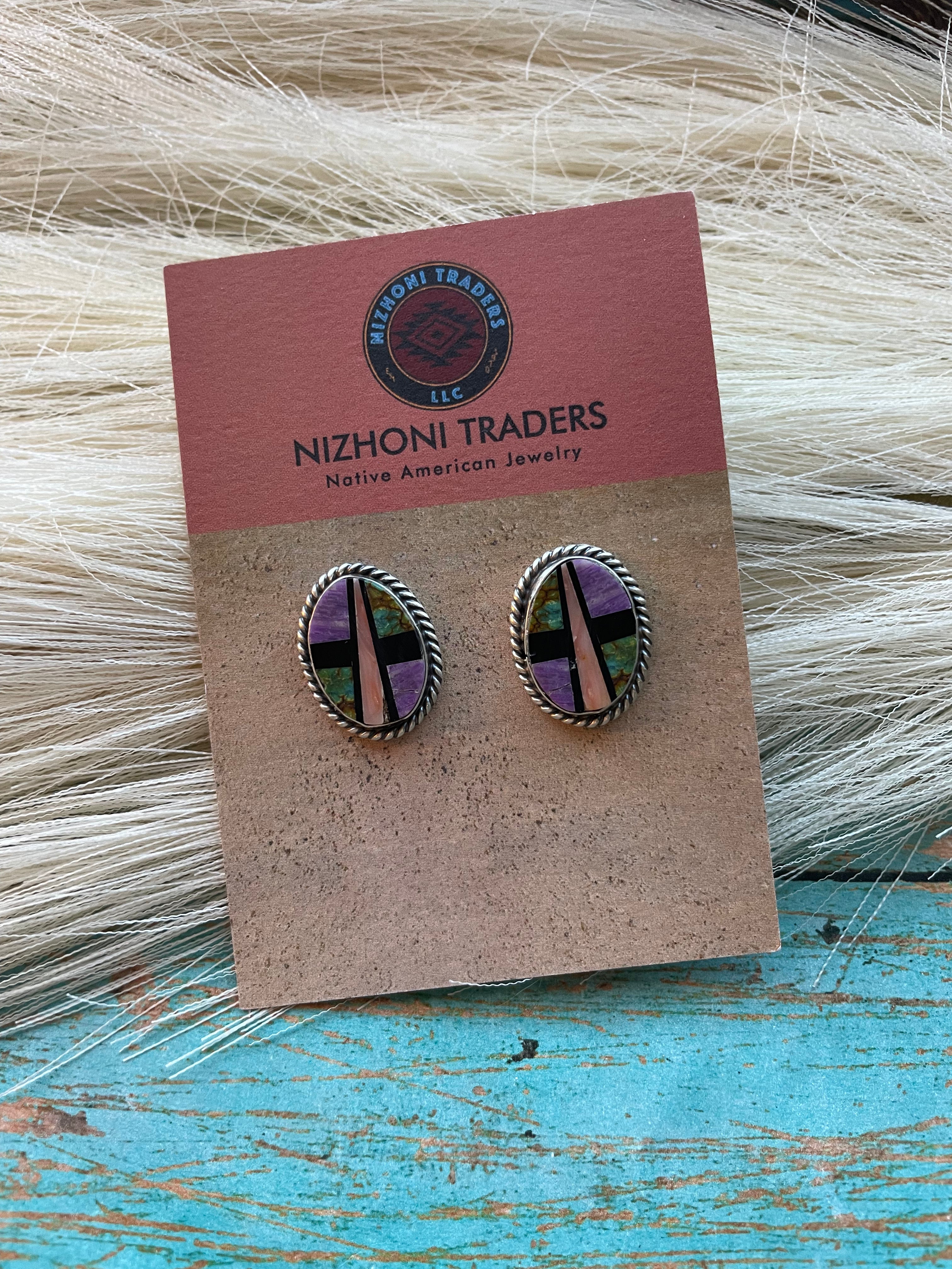 Navajo Multi Stone And Sterling Silver Inlay Oval Earrings Signed