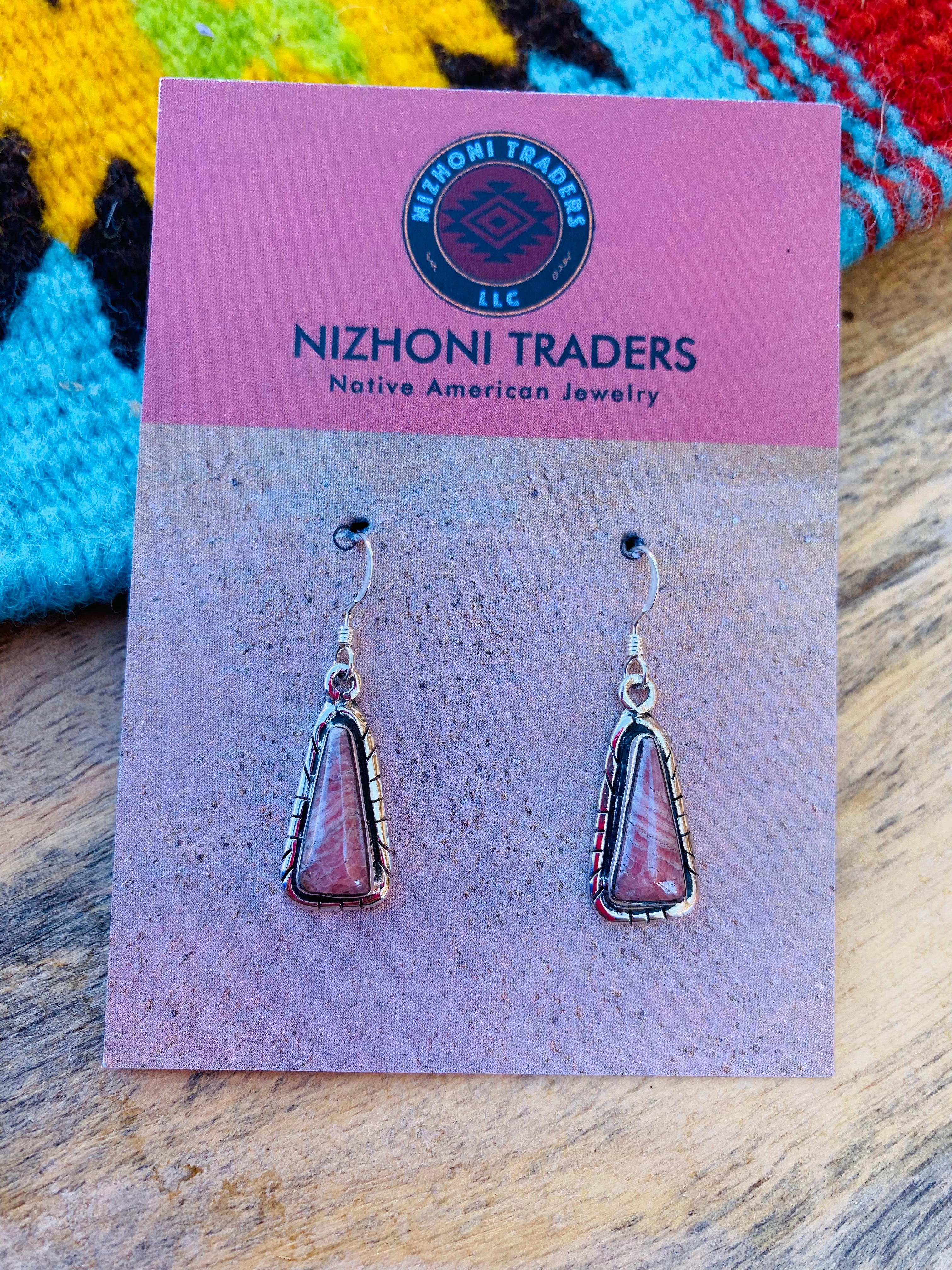 Navajo Sterling Silver & Rhodochrosite Dangle Earrings