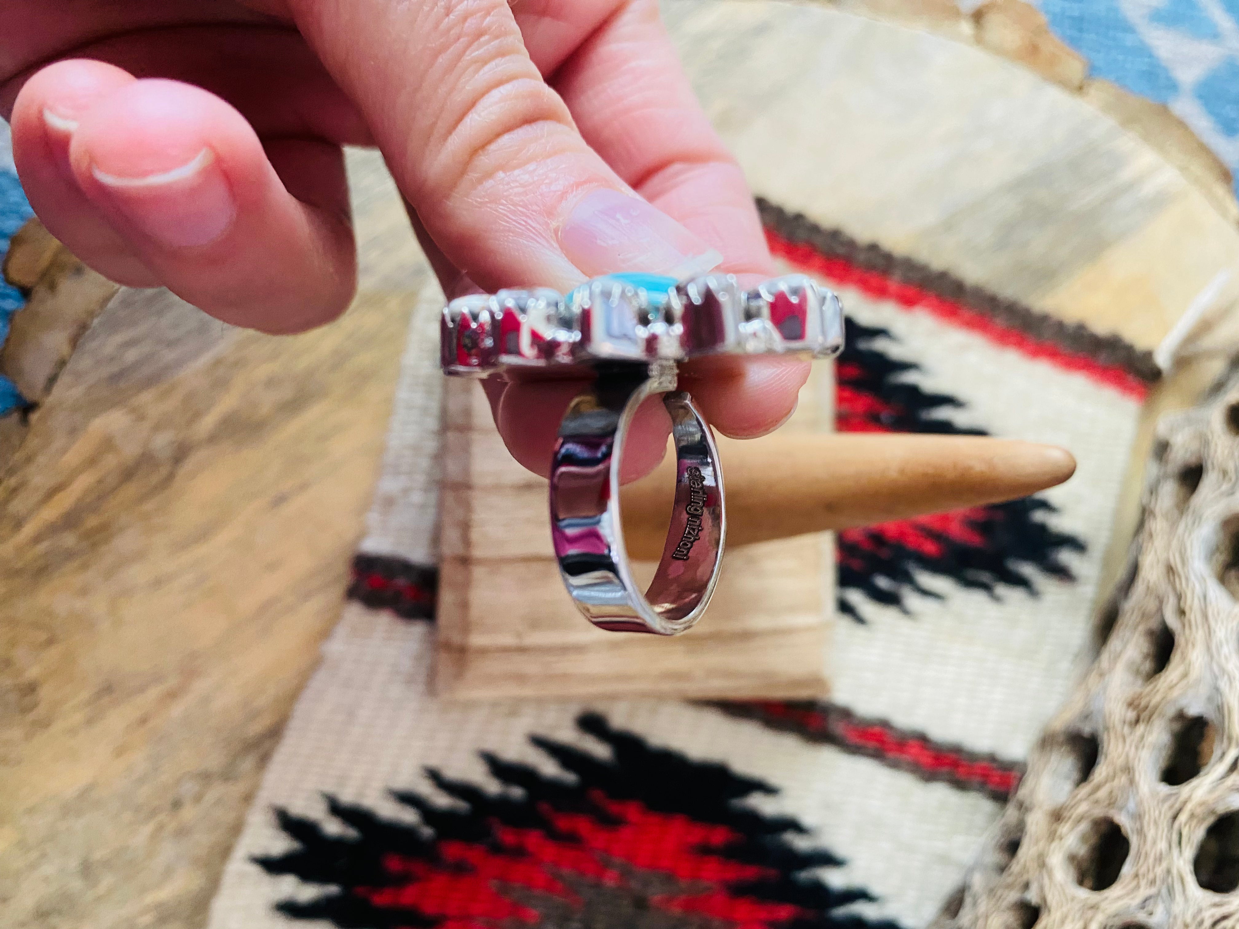 Handmade Sterling Silver, Wild Horse & Turquoise Cluster Adjustable Ring