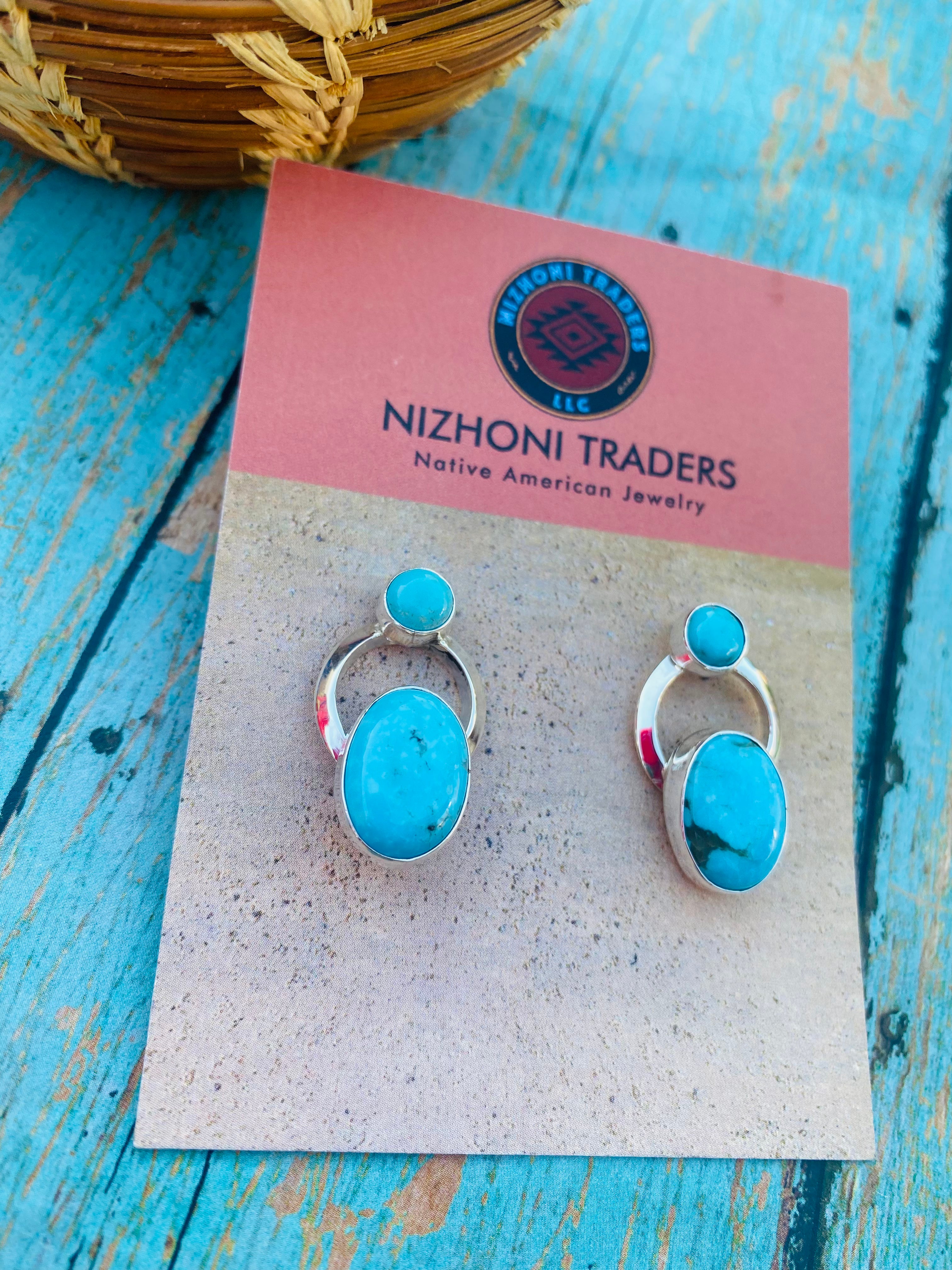 Navajo Kingman Turquoise & Sterling Silver Post Earrings Signed