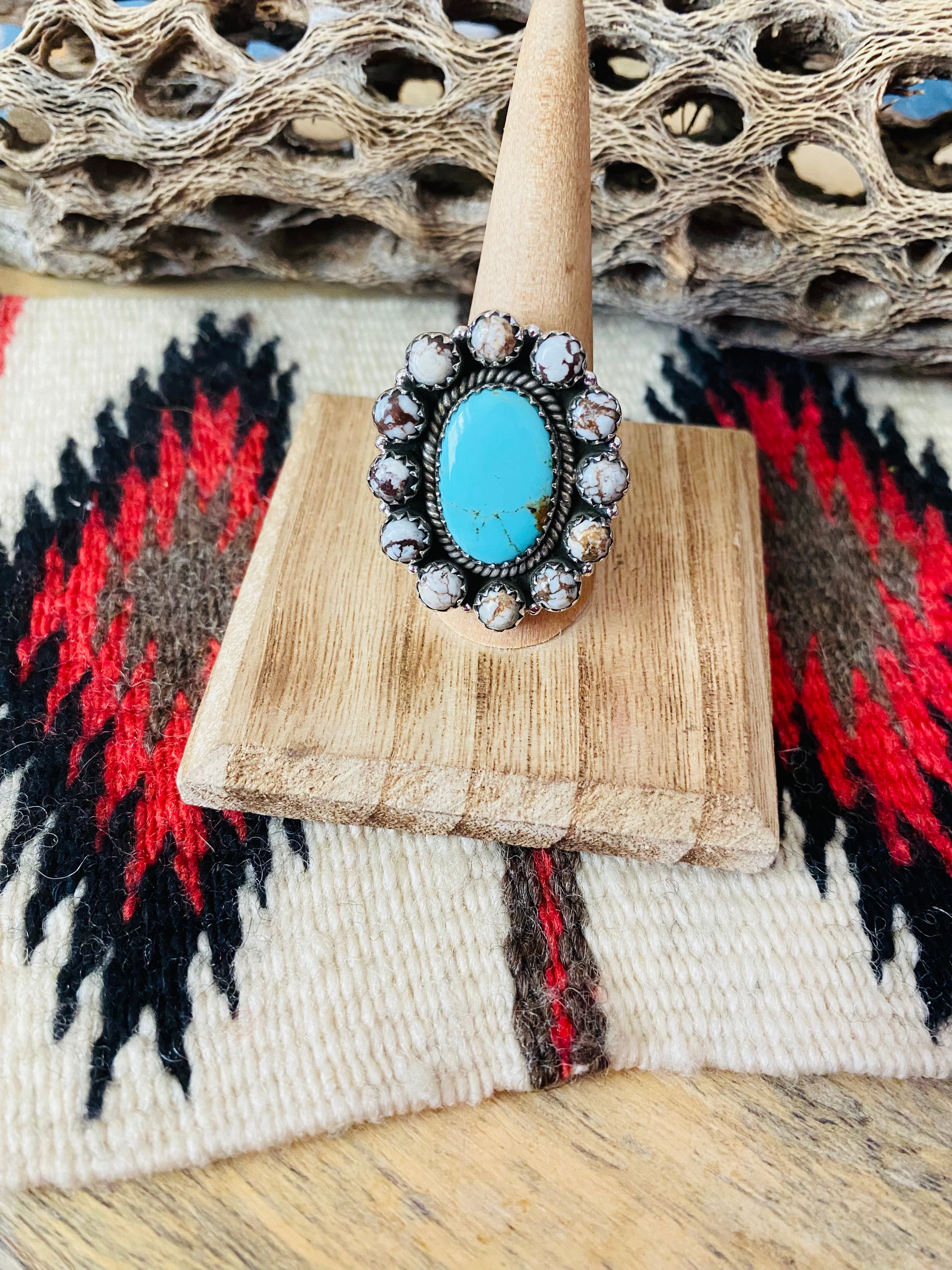 Handmade Sterling Silver, Wild Horse & Turquoise Cluster Adjustable Ring