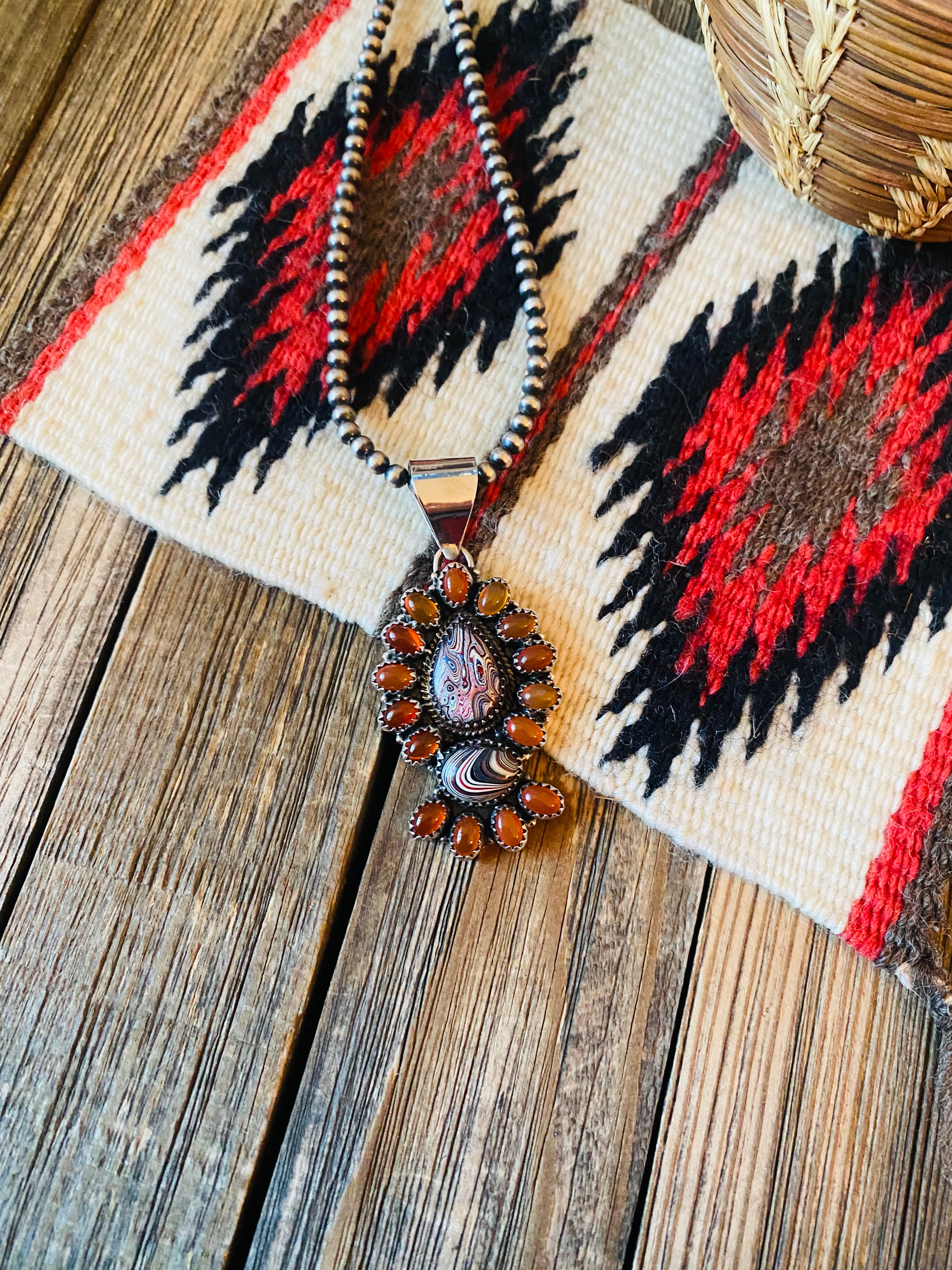 Handmade Sterling Silver, Fordite & Garnet Cluster Pendant