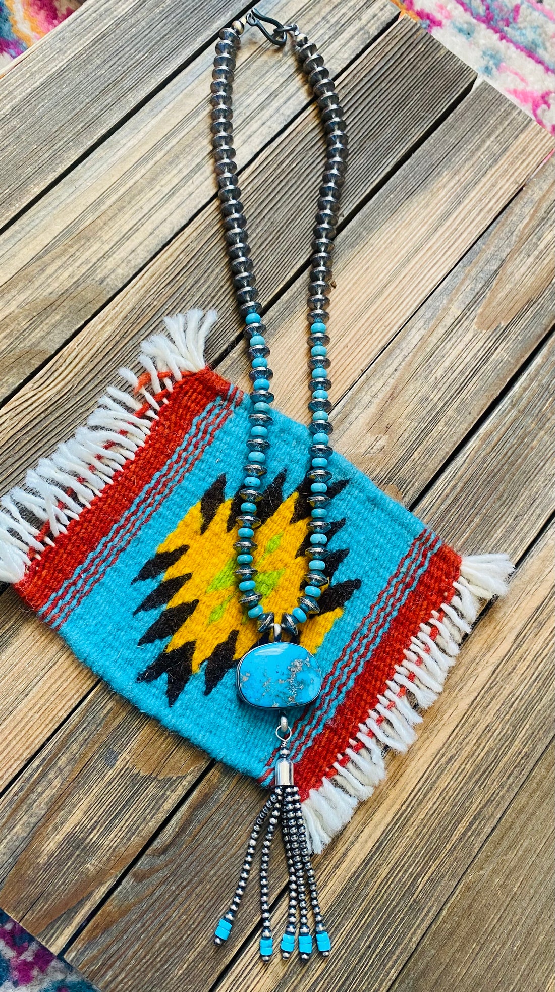 Handcrafted Turquoise & Sterling Silver Pearl Beaded Tassel Necklace