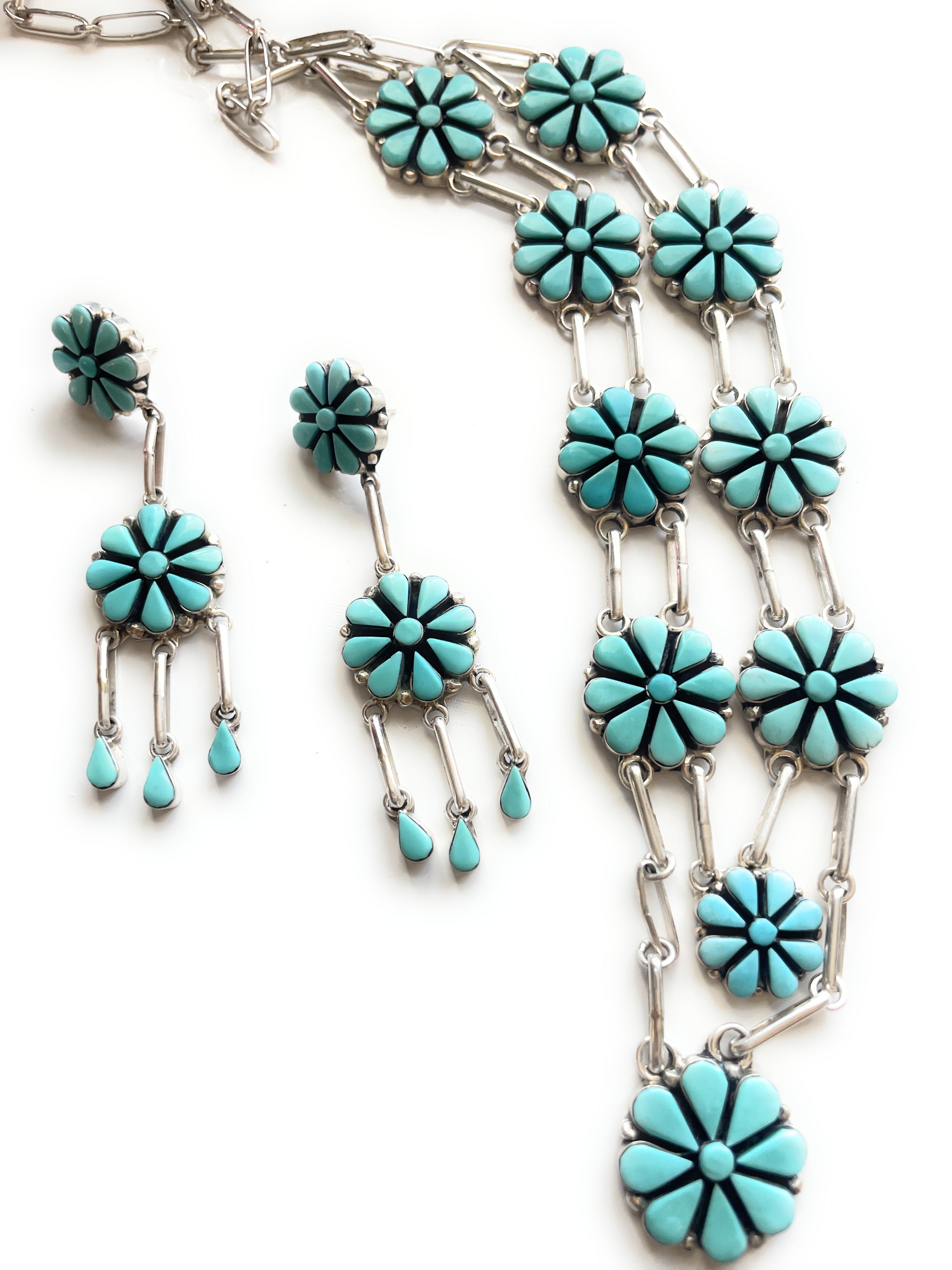 Al Zuni The Grande Bandera ~Sterling Silver & Turquoise Jacla Necklace & Earrings