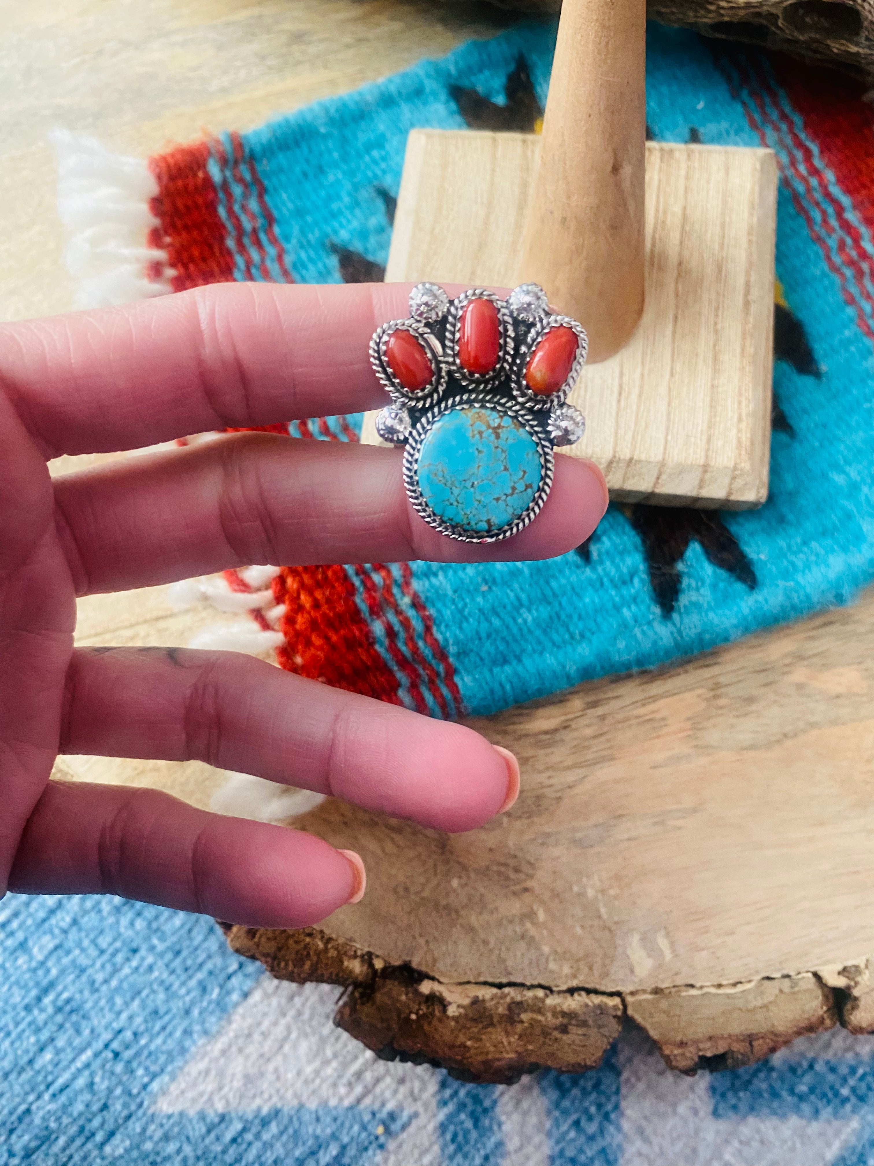 Handmade Sterling Silver, Coral & Number 8 Turquoise Adjustable Ring