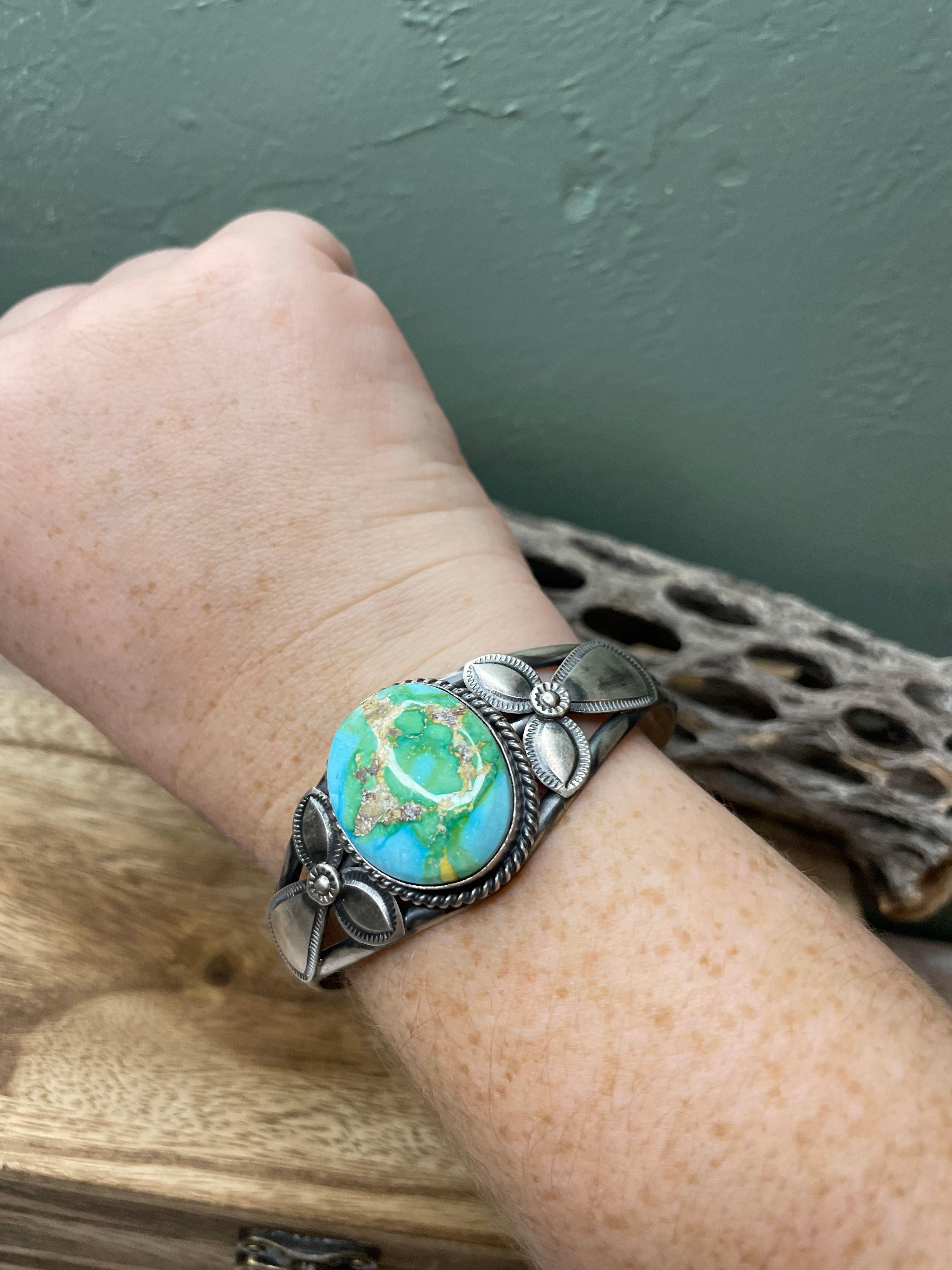 Navajo Turquoise And Sterling Silver Handmade Adjustable Cuff By M Spencer