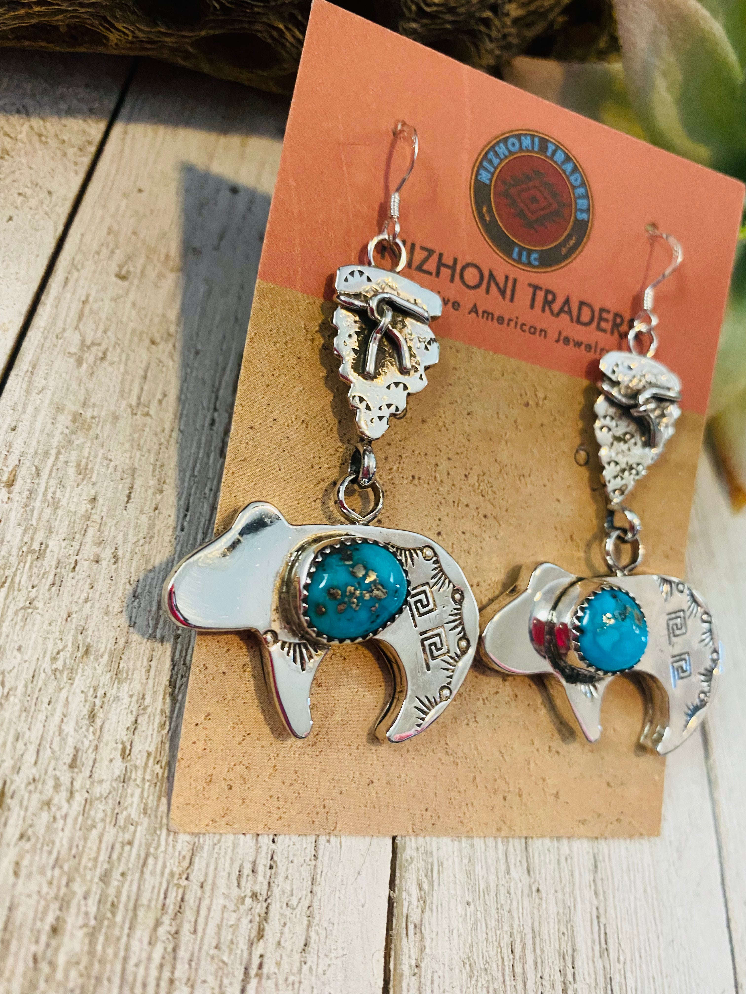 Navajo Turquoise & Sterling Silver Fetish Bear Dangle Earrings