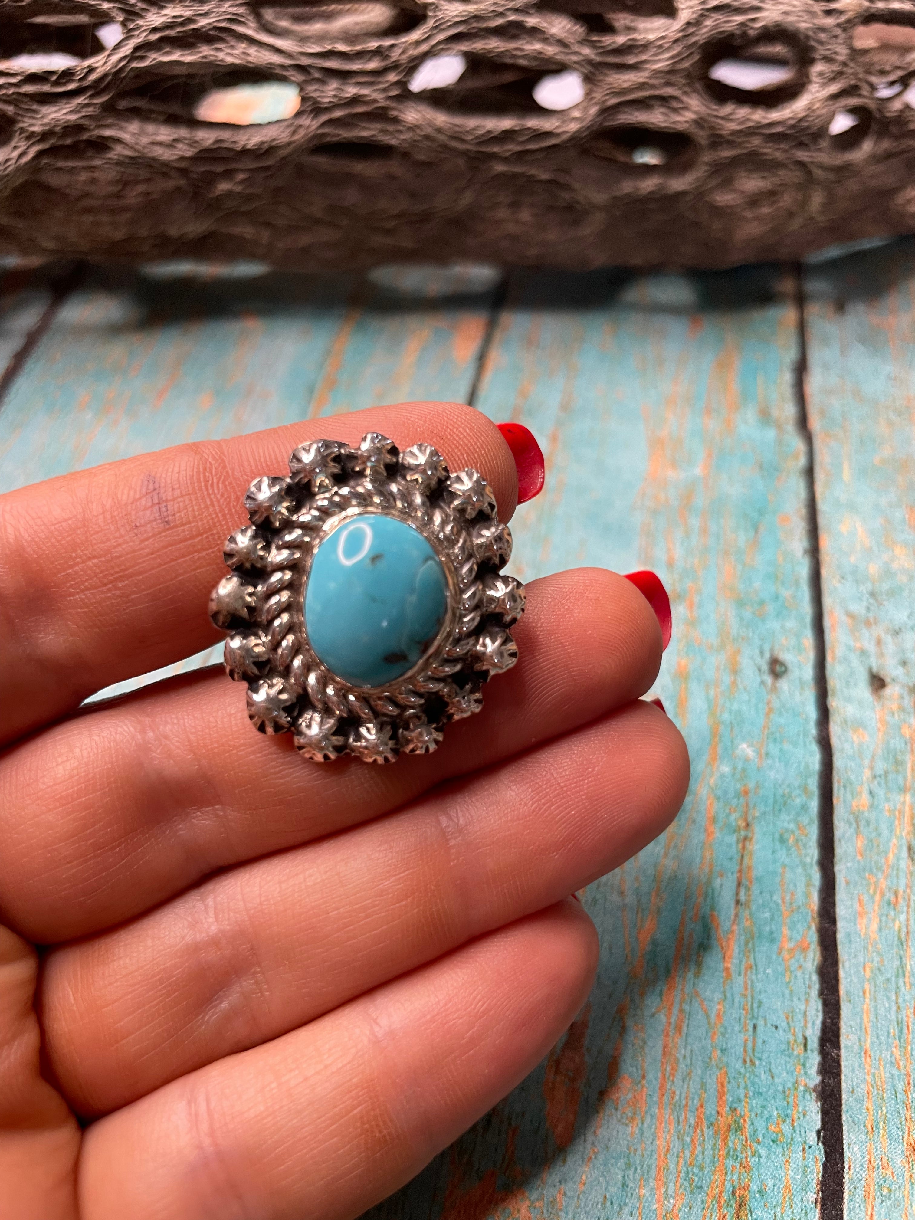 Old Pawn Navajo Sterling Silver & Turquoise Ring Size 7.5