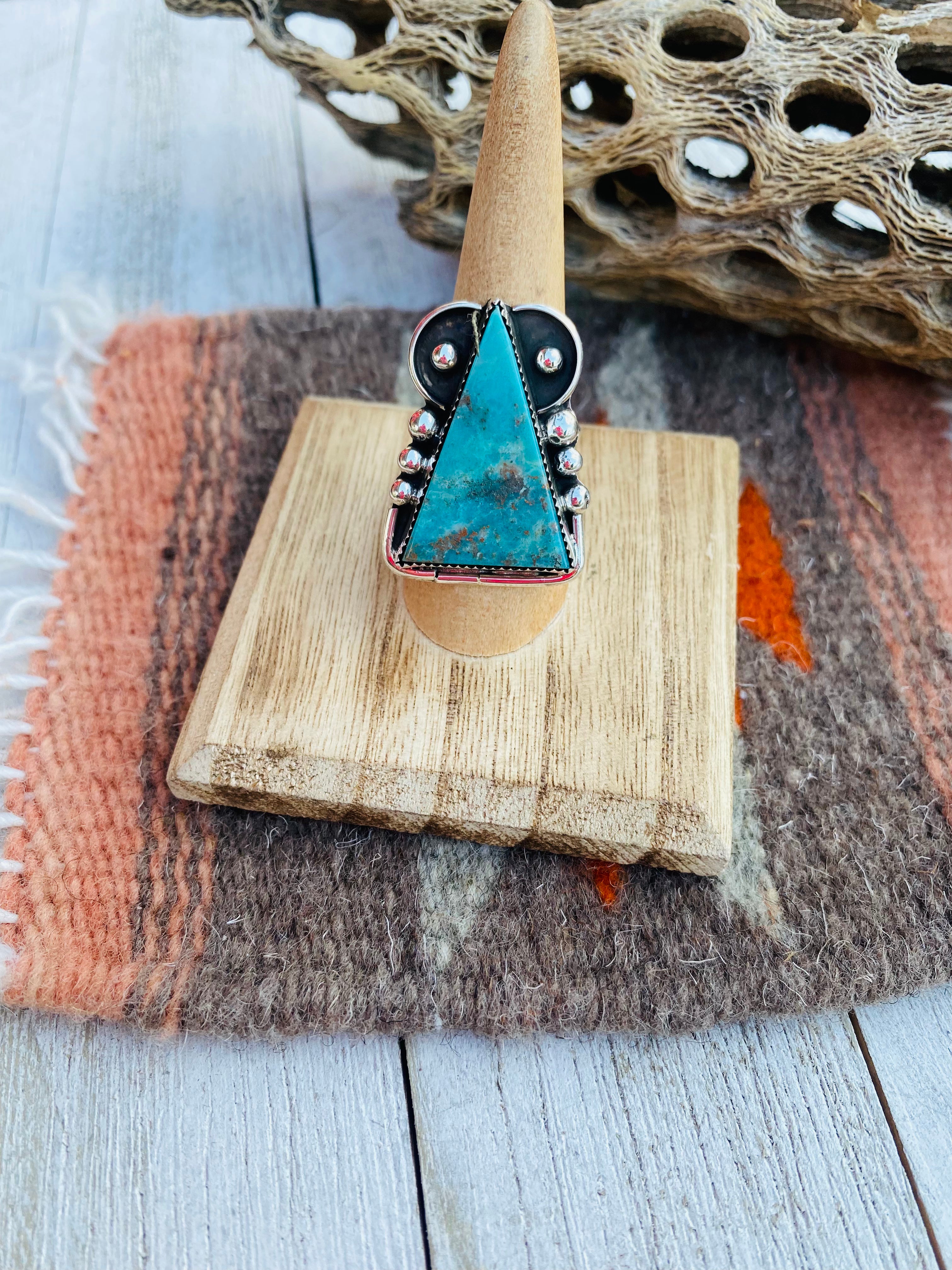 Navajo Turquoise & Sterling Silver Triangle Ring Size 7