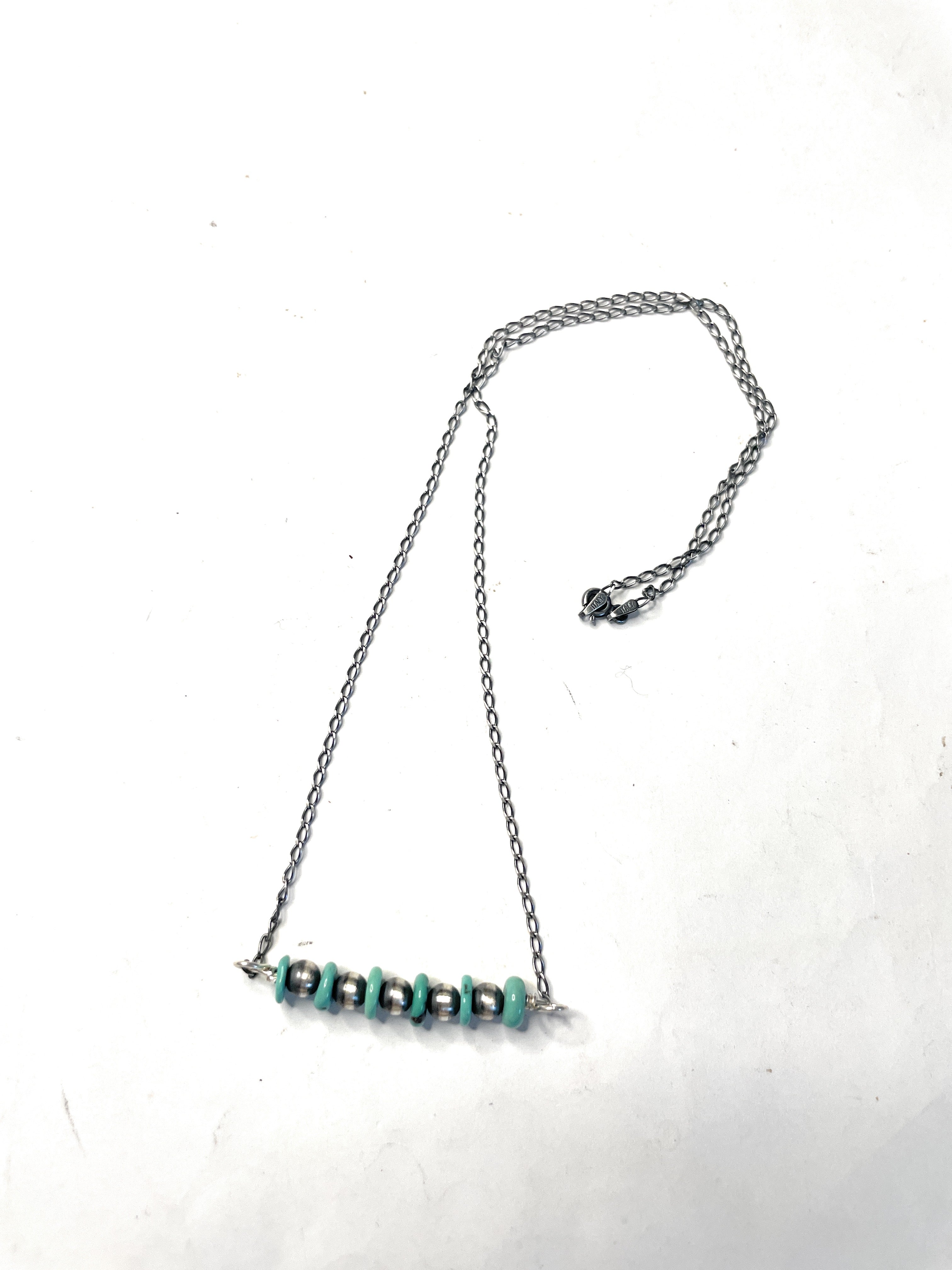 Navajo Sterling Silver And Turquoise Beaded Necklace 16 inch