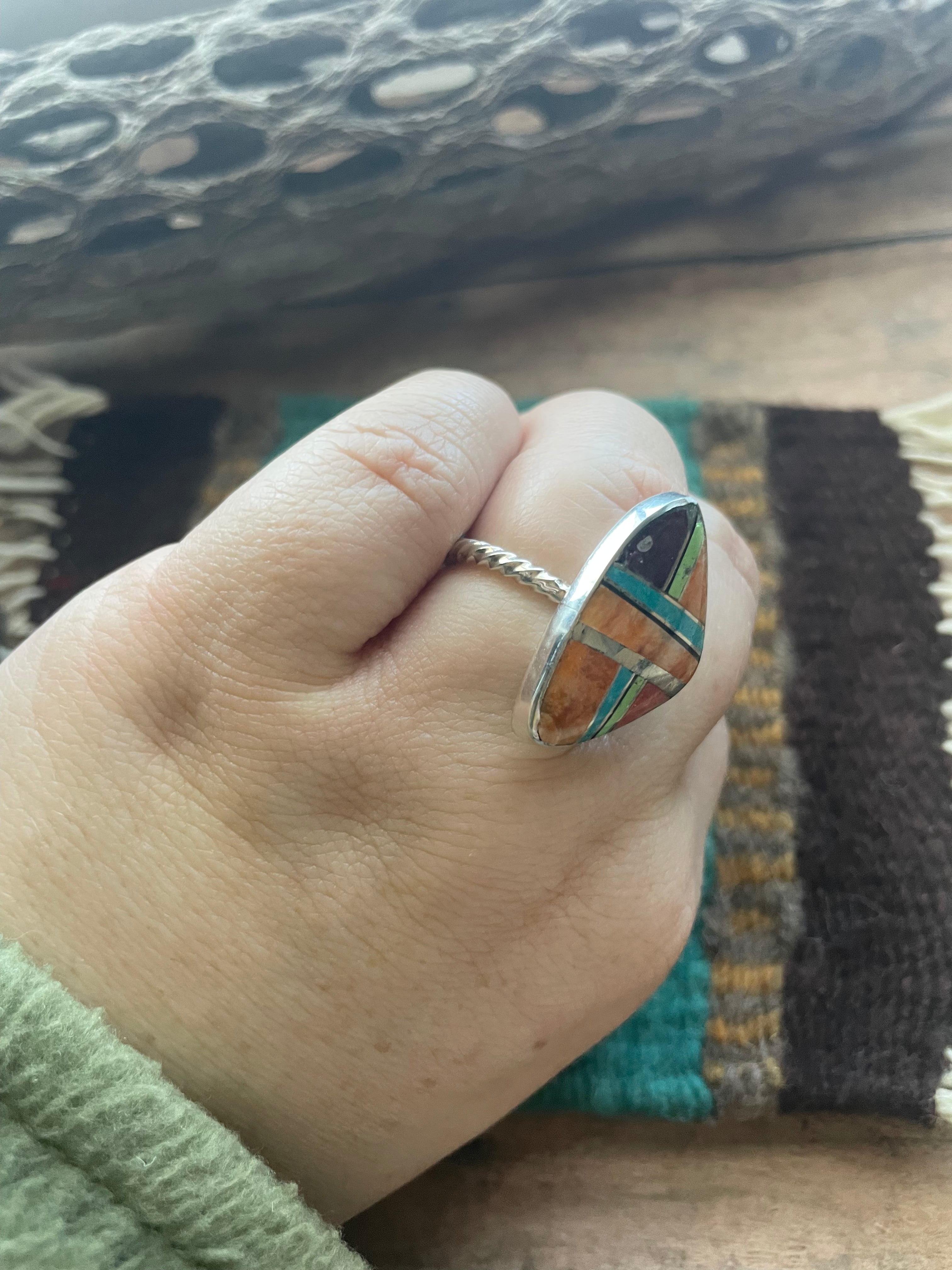 Navajo Sterling Silver & Multi Stone Inlay Ring Size 7.5