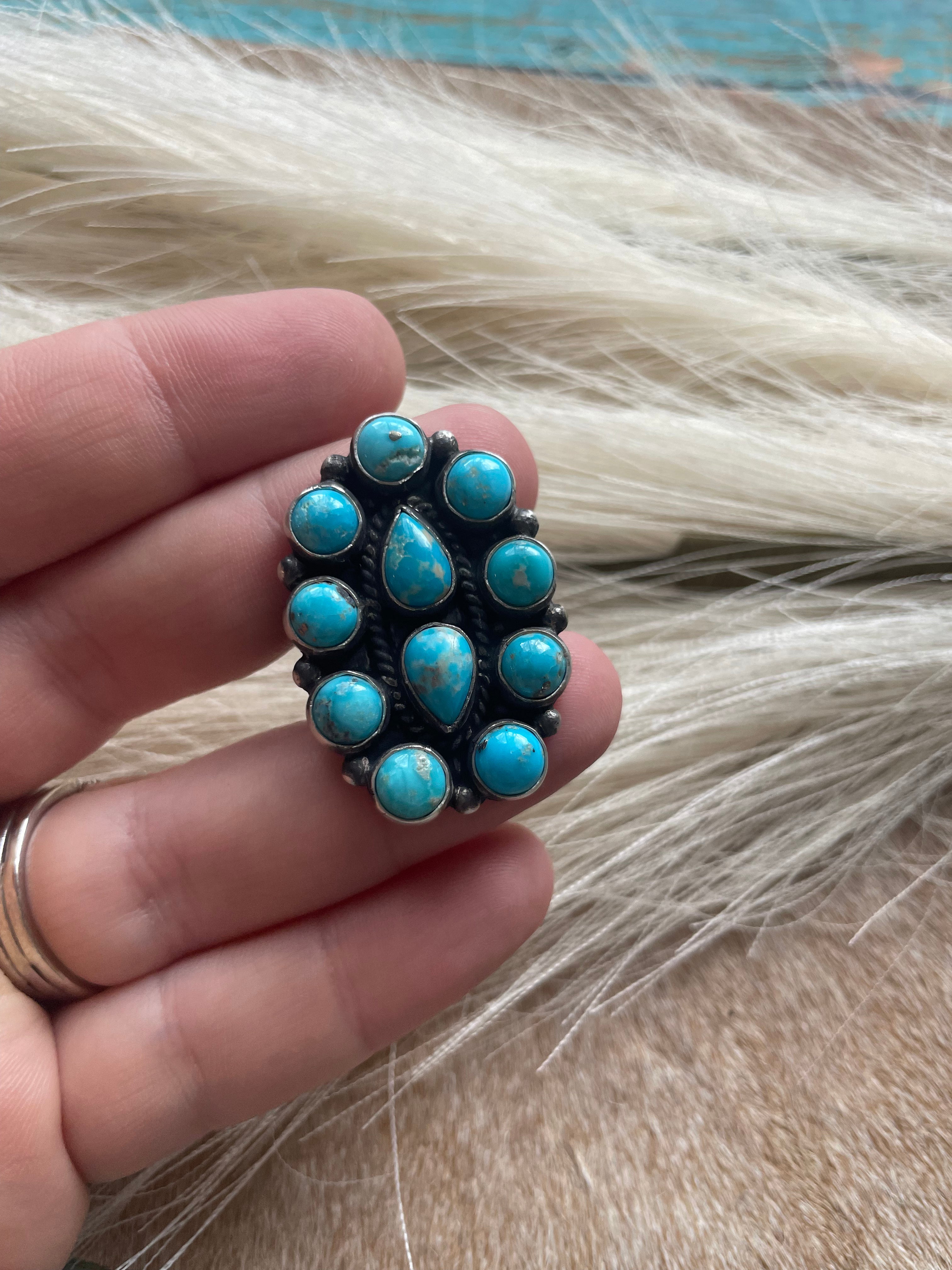 Navajo Sterling Silver And Turquoise Beautiful Adjustable Cluster Rings