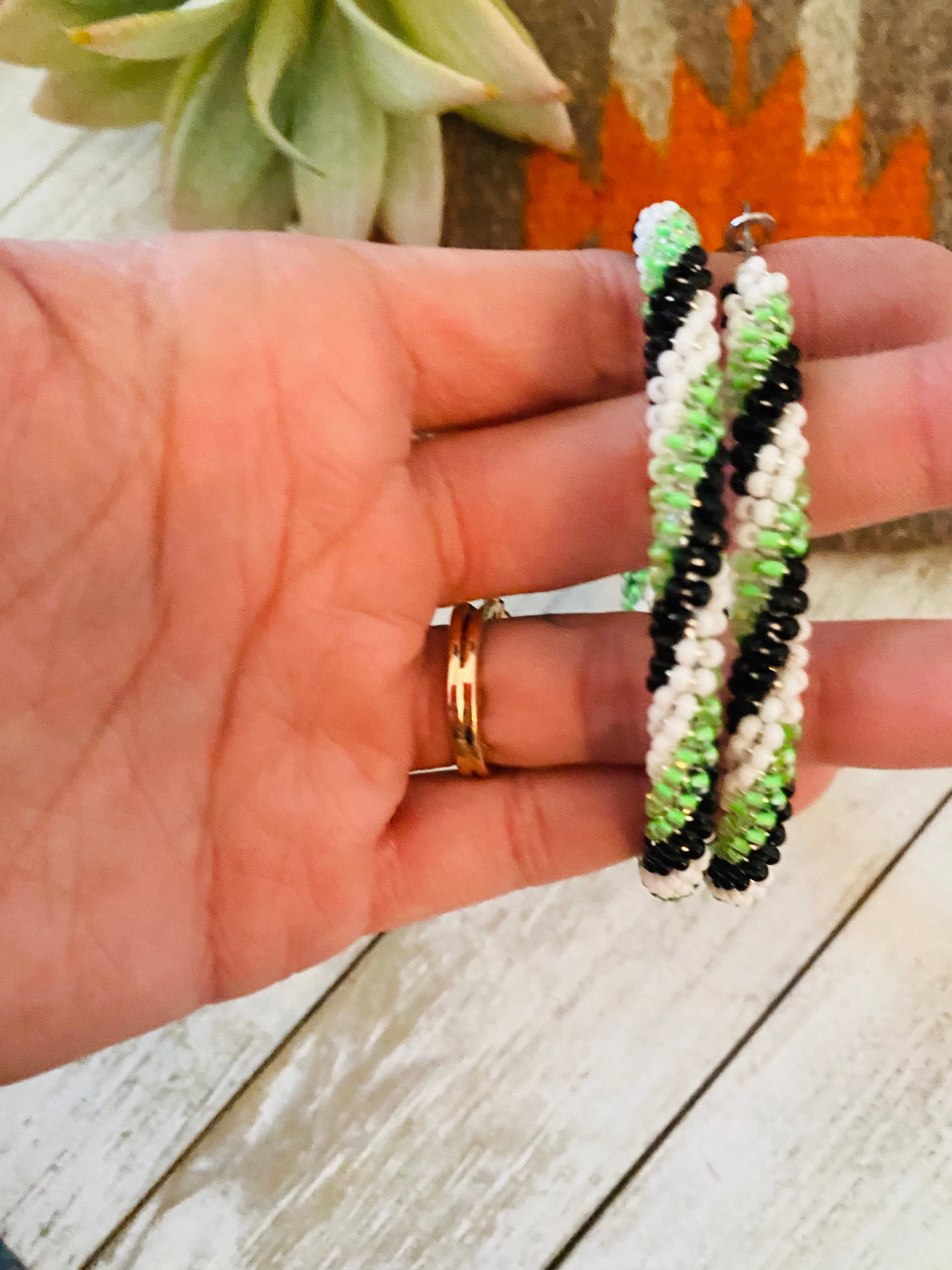 Navajo Handmade Beaded Hoop Earrings- green/black